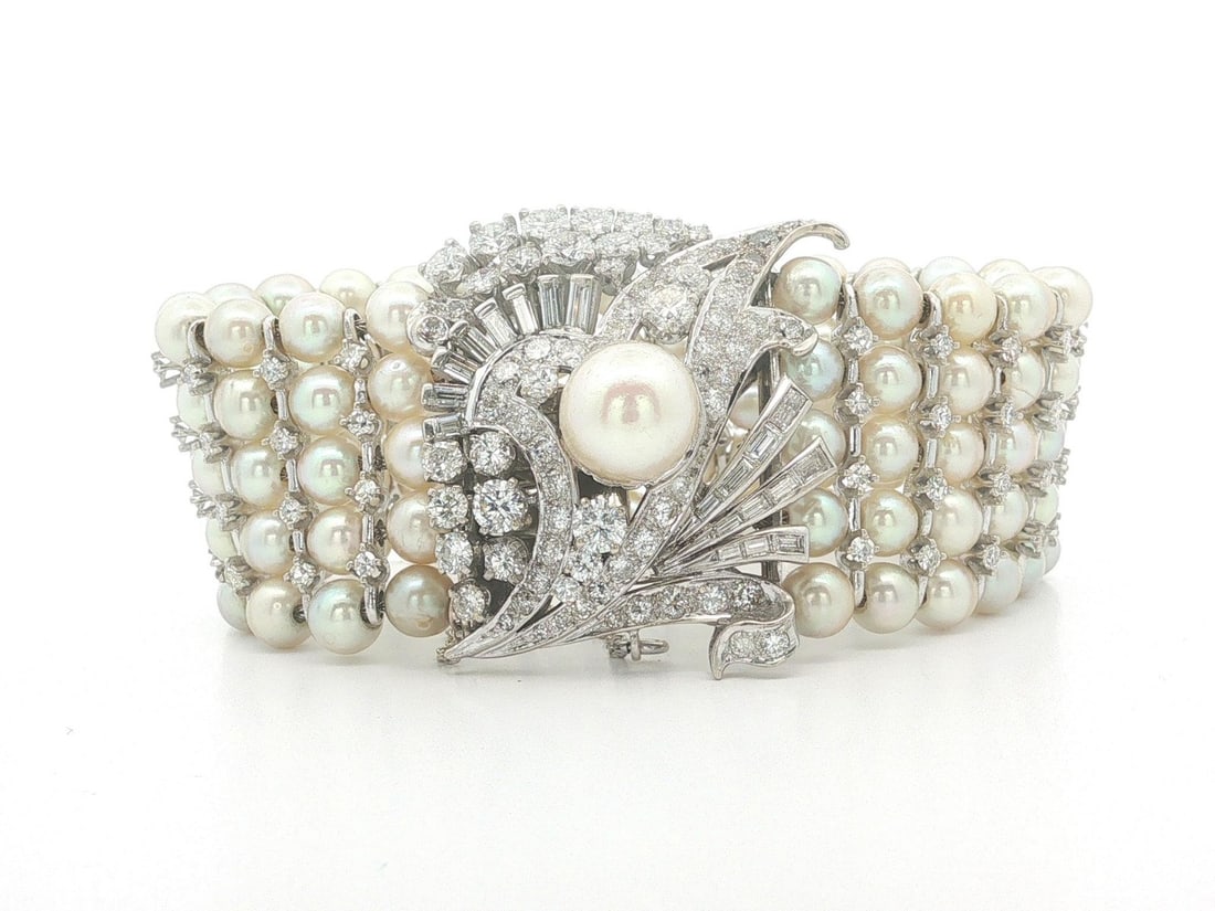 14k White Gold Pearl and Diamond 5 Strand Wide Bracelet: 14k White Gold Pearl and Diamond 5 Strand Wide Bracelet Vintage mid-century multi-strand bracelet crafted in solid 14k white gold with cultured pearls and natural diamonds. This wide beaded design fea