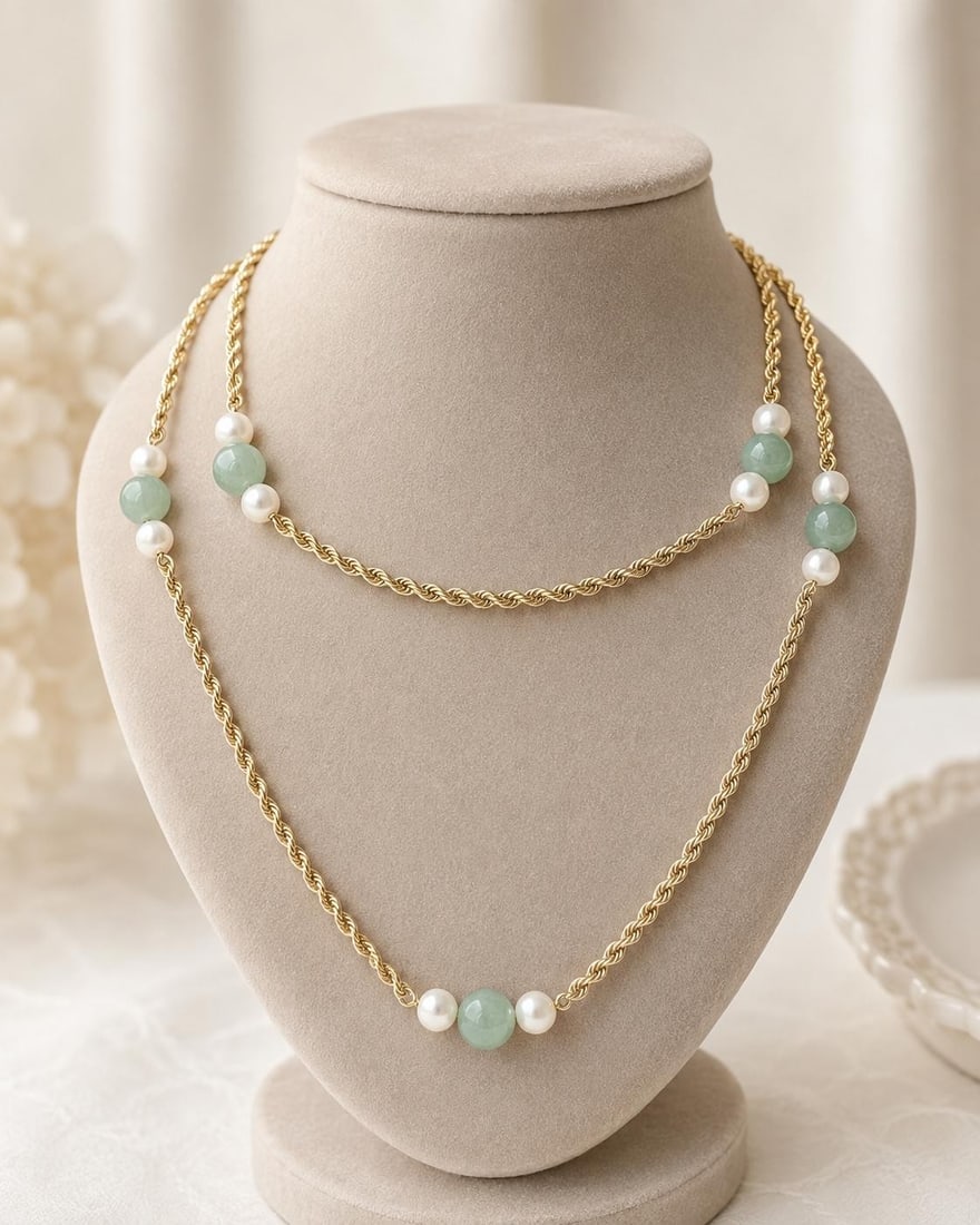 52 Inch Yellow Gold Rope Chain Necklace with Jade and Pearl Stations: 52 Inch Yellow Gold Rope Chain Necklace with Jade and Pearl Stations Vintage station rope link chain necklace featuring natural green jade beads and cultured white pearls in a long wrap style. Crafted