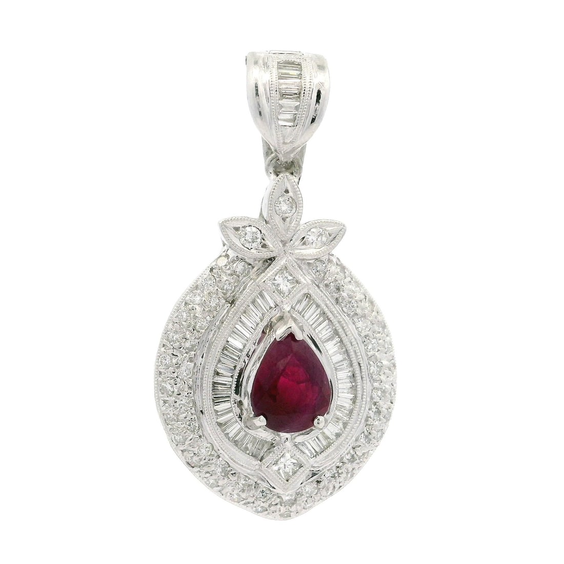 Vintage Platinum GIA Certified 3.76ctw Burma Ruby Diamond Teardrop Pendant: Vintage Platinum GIA Certified 3.76ctw Burma Ruby Diamond Teardrop Pendant This vintage Y-Drop pendant showcases a stunning 3.76ctw of natural gemstones, featuring a captivating pear-shaped Burma ruby