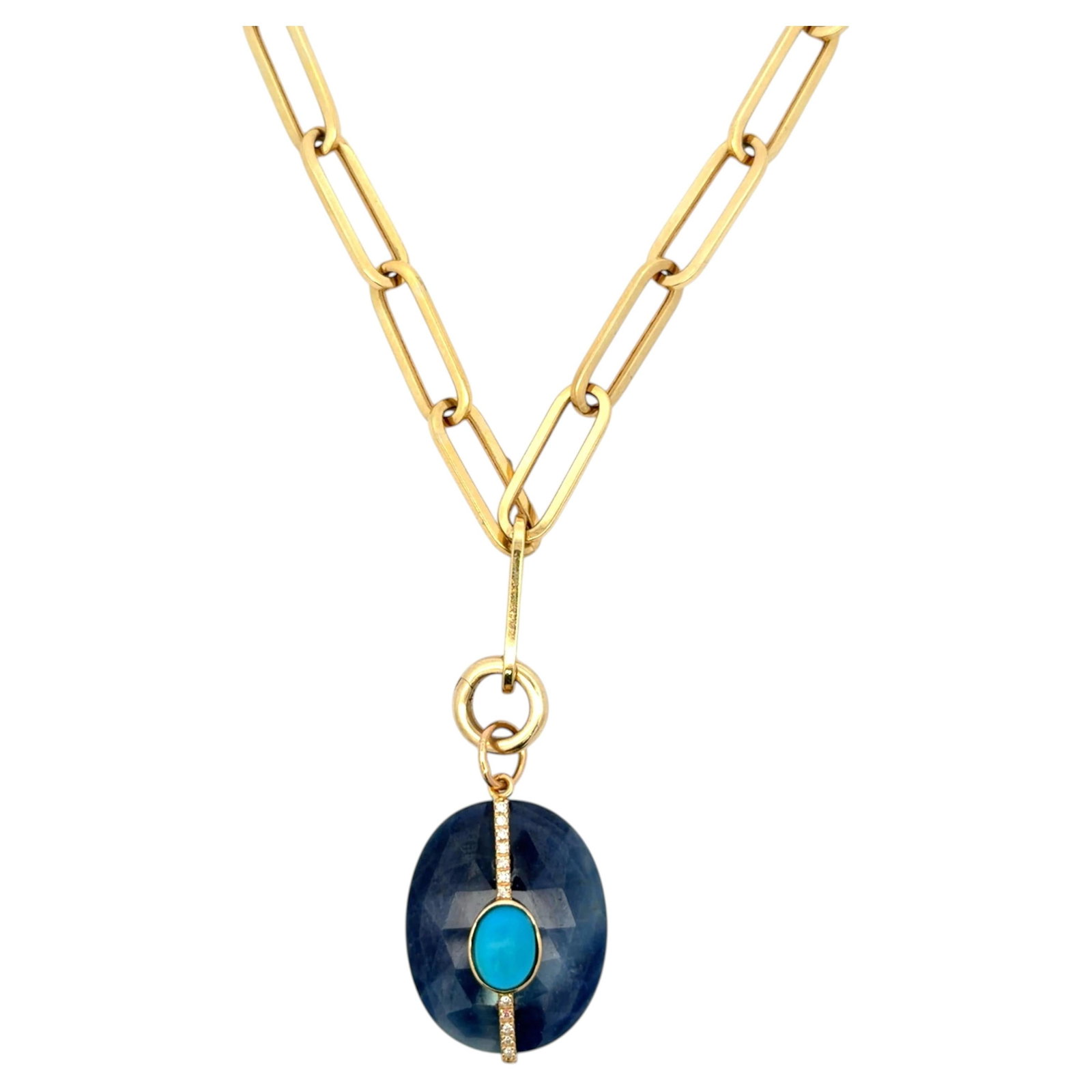 14K Yellow Gold Paperclip Necklace with Unheated Sapphire Slice Turquoise Diamonds (1 of 8)