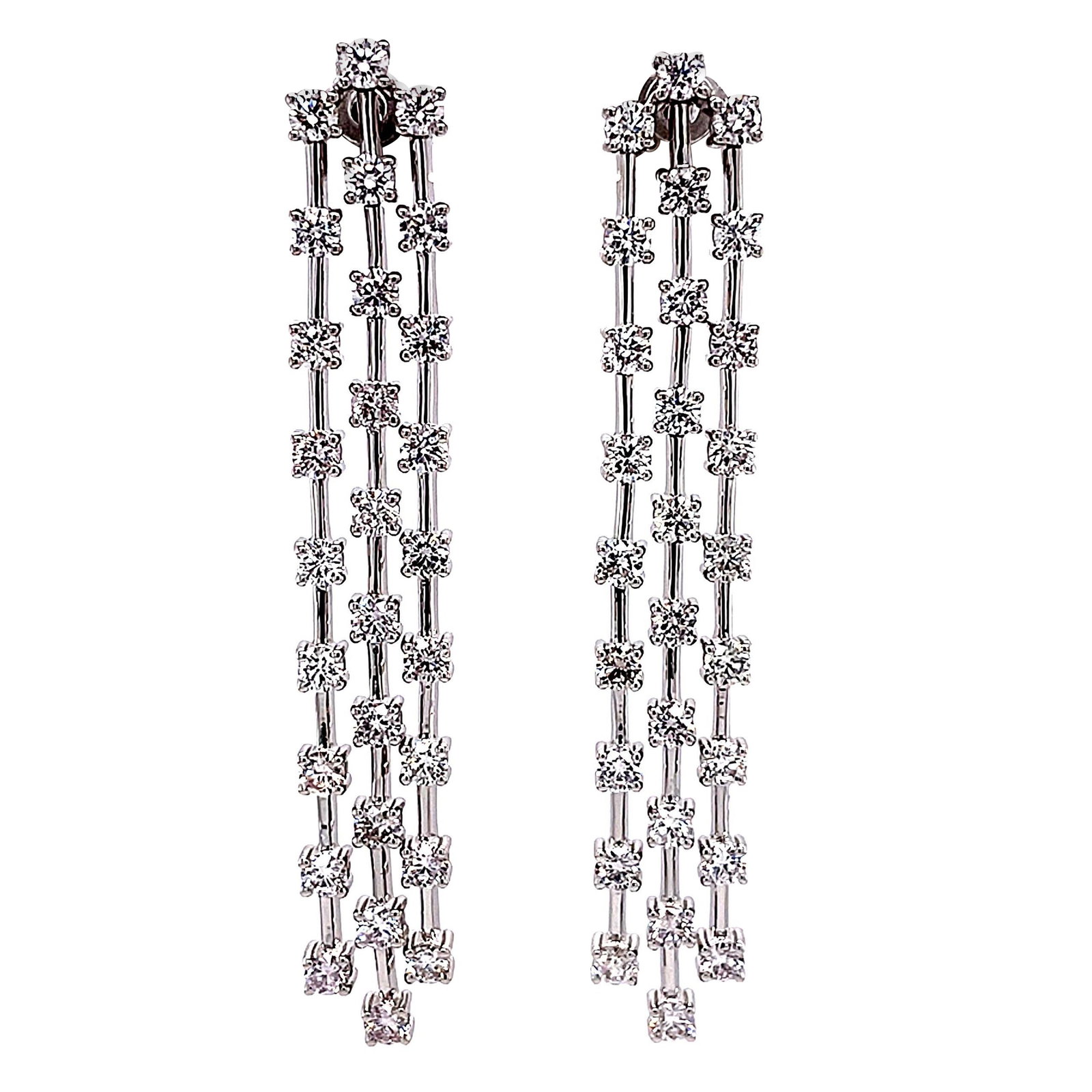 14k White Gold Diamond Rain Drop Chandelier Earrings: 14k White Gold Diamond Rain Drop Chandelier Earrings A pair of chandelier rain drop earrings set with 56 round white diamonds totaling 3.71 ct. Crafted in 14k white gold, these contemporary earrings w