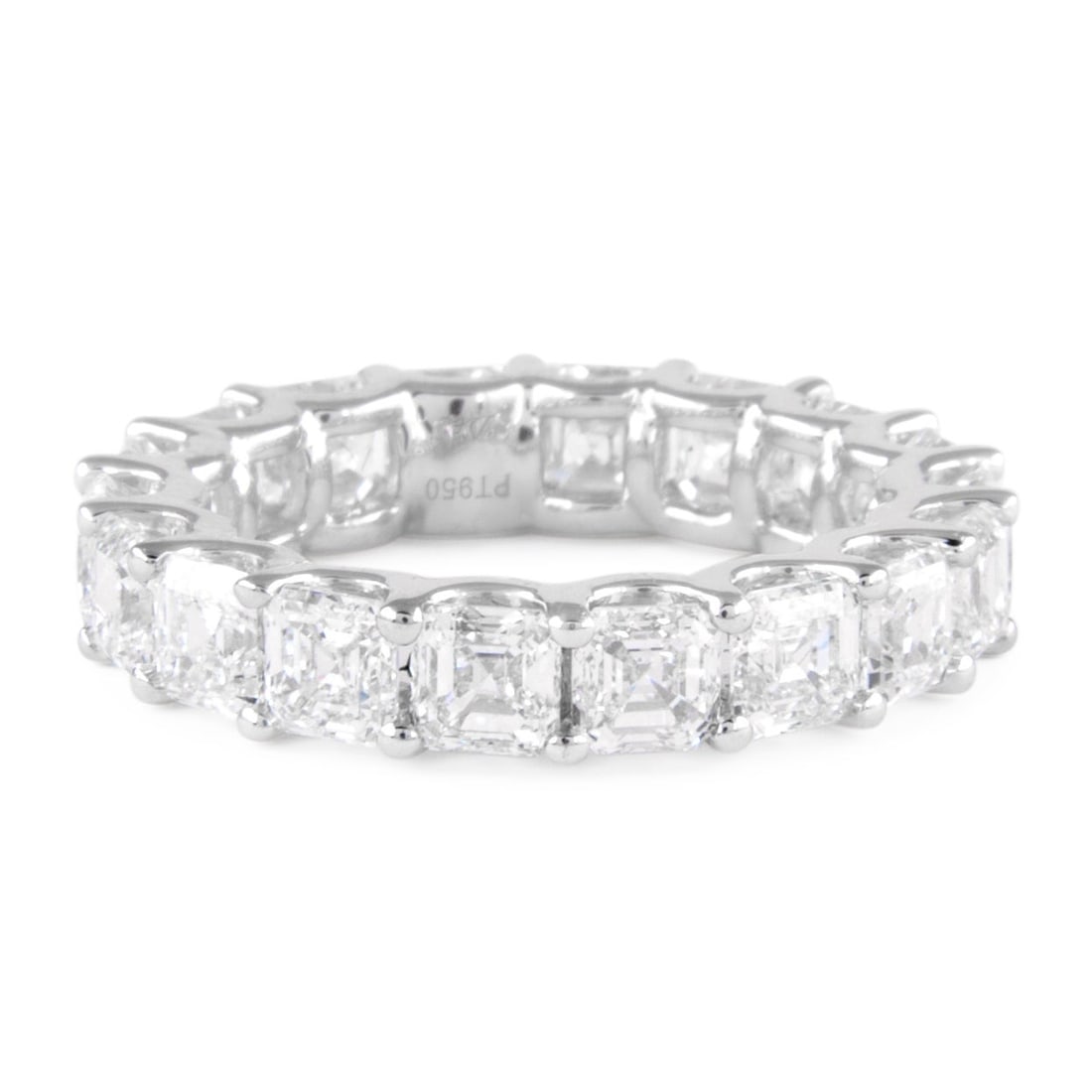 Asscher Cut Diamond Eternity Ring 5.49ct D E VVS Size 5.75: Asscher Cut Diamond Eternity Ring 5.49ct D E VVS Size 5.75 Un-used modern eternity band set with 18 Asscher cut white diamonds totaling 5.49 ct. The diamonds are graded D/E color and VVS clarity. Ring
