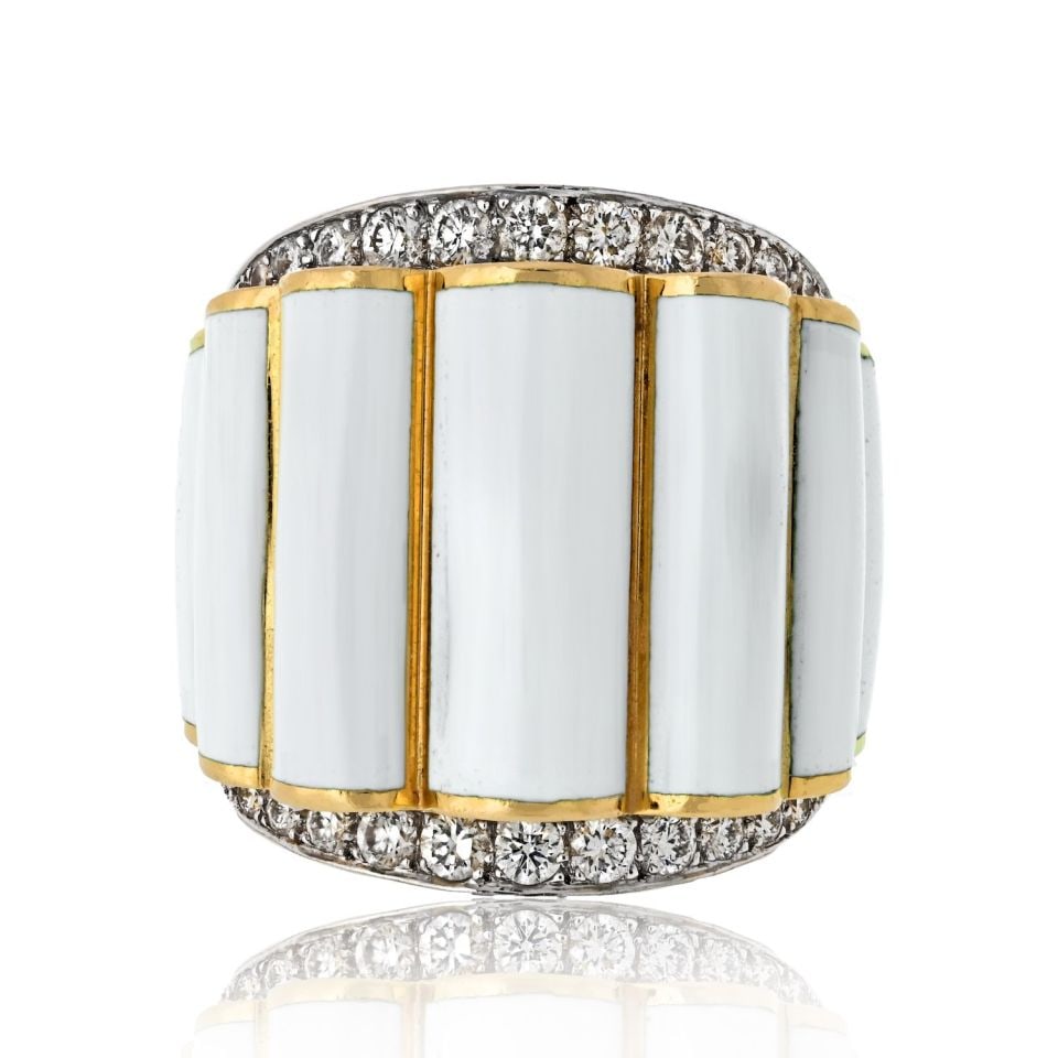 David Webb Diamond Enamel Ring in Platinum and 18K Yellow Gold: David Webb Diamond Enamel Ring in Platinum and 18K Yellow Gold Estate ring by David Webb featuring scalloped white enamel accented with round brilliant-cut diamonds. Crafted in platinum and 18K yellow