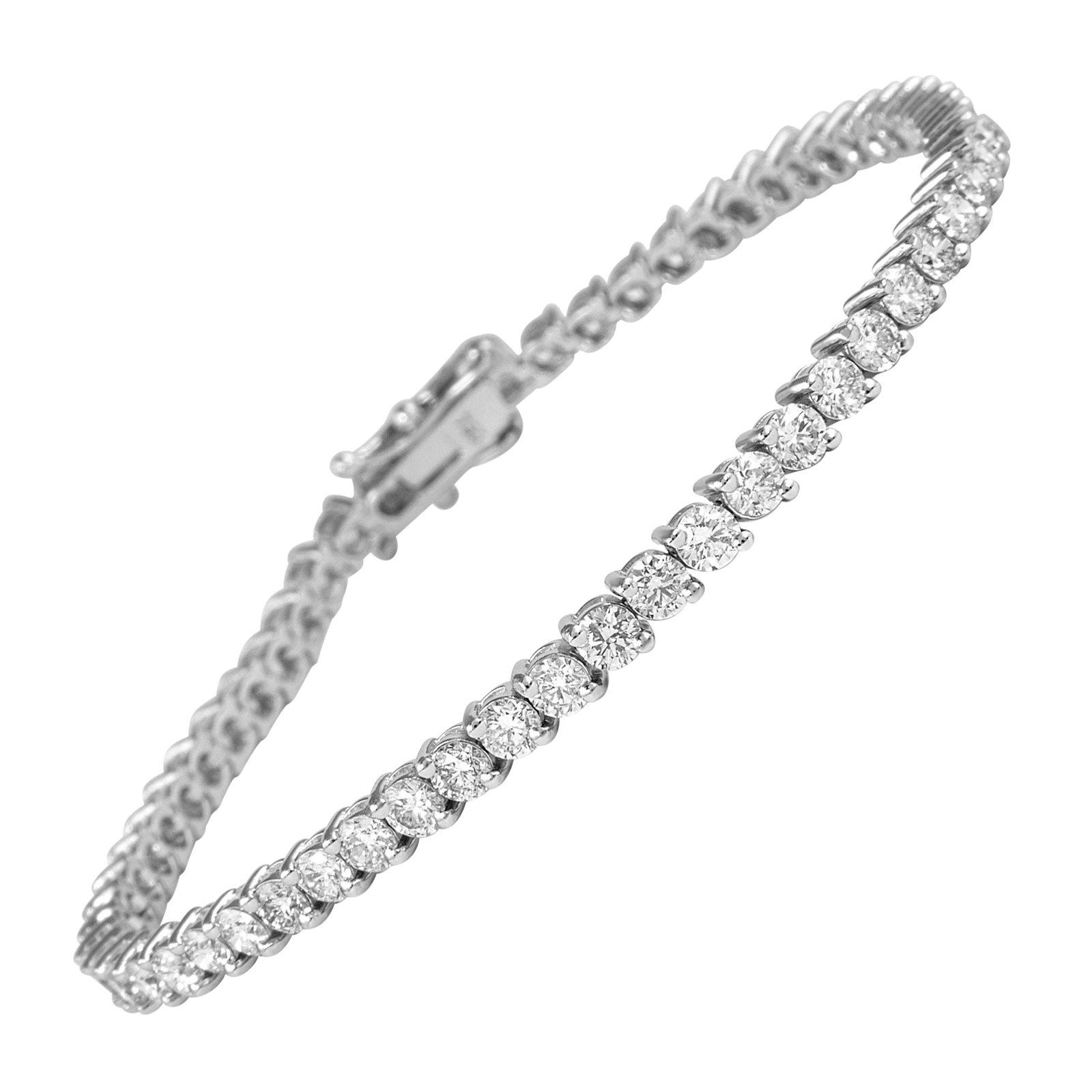 18k White Gold Tennis Bracelet 5.52ct Diamond D Color: 18k White Gold Tennis Bracelet 5.52ct Diamond D Color Contemporary tennis bracelet set with 59 round brilliant diamonds totaling 5.52 ct in 18k white gold. The diamonds are approximately D-F color and