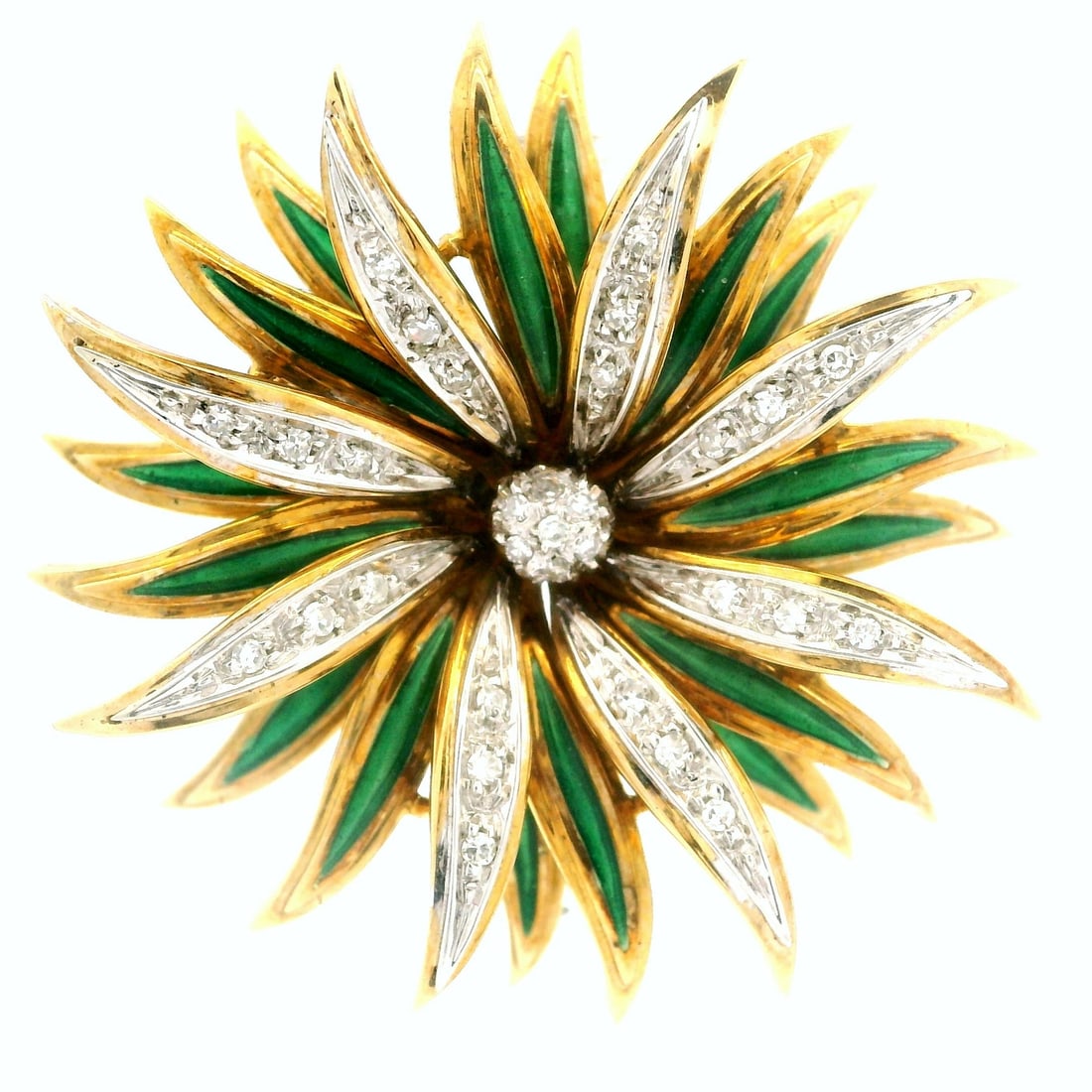 Vintage 18K Gold Diamond Green Enamel Flower Brooch Pin: Vintage 18K Gold Diamond Green Enamel Flower Brooch Pin This exquisite vintage brooch pin showcases a stunning floral design crafted from solid 18 karat yellow gold, beautifully complemented by vibran