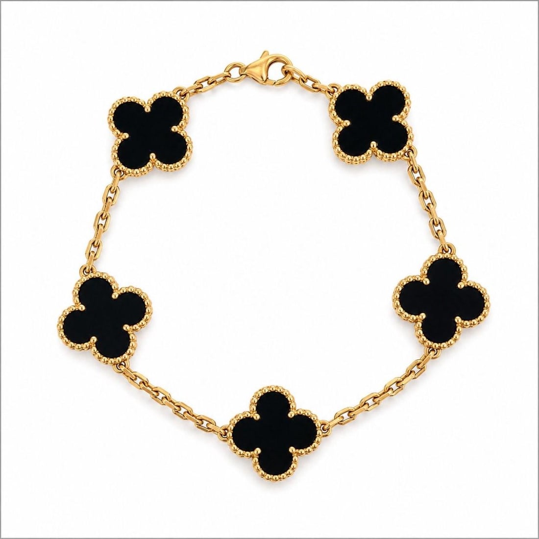 Van Cleef Arpels Alhambra Onyx Bracelet in 18K Yellow Gold: Van Cleef Arpels Alhambra Onyx Bracelet in 18K Yellow Gold Pre-owned Van Cleef & Arpels Alhambra Collection bracelet crafted in 18K yellow gold with onyx accents. Includes the original paperwork and o