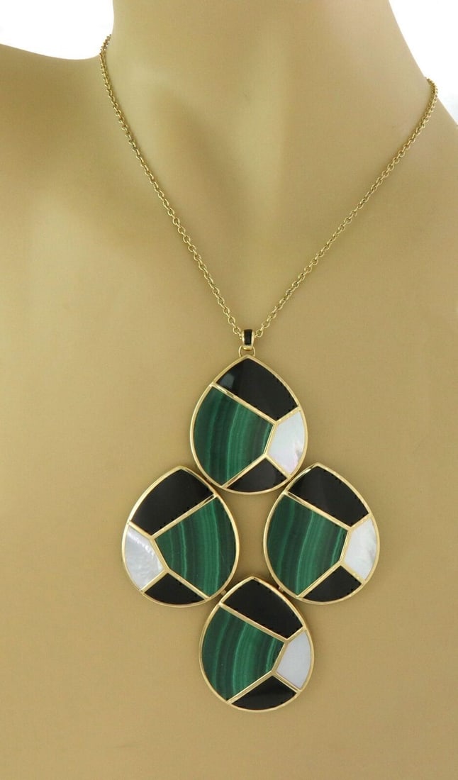 Ippolita Mosaic 18k Yellow Gold Pendant Necklace with Malachite MOP and Onyx: Ippolita Mosaic 18k Yellow Gold Pendant Necklace with Malachite MOP and Onyx Pre-owned Ippolita large pendant necklace from the Mosaic collection, crafted in 18k yellow gold. The oversized sculptural 