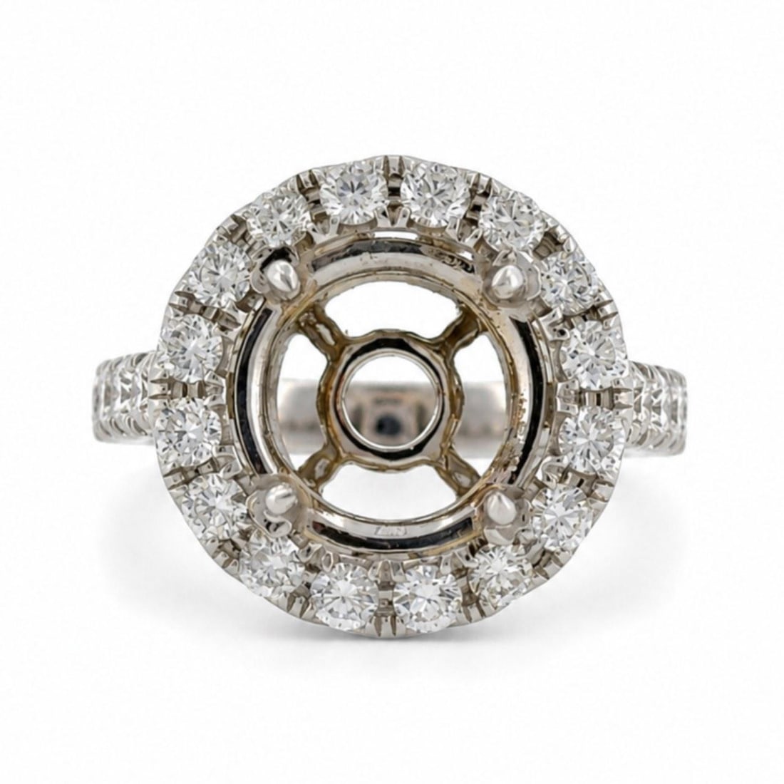 Diamond Ring Mounting in 18K White Gold 24 Stone 1.50 Ct: Diamond Ring Mounting in 18K White Gold 24 Stone 1.50 Ct Pre-owned 18K white gold ring mounting set with 24 diamonds. The diamonds have an approximate total weight of 1.50 ct with F-G color and VVS-VS