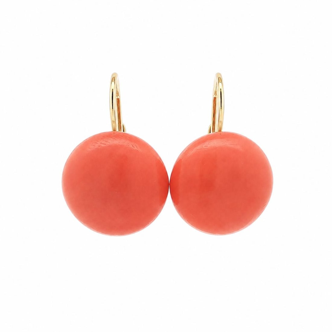 14k Yellow Gold Coral Cabochon Dangle Earrings 17.7-17.9mm: 14k Yellow Gold Coral Cabochon Dangle Earrings 17.7-17.9mm Vintage drop earrings crafted in solid 14k yellow gold and set with two natural genuine coral cabochons in a rich salmon-orange color. These 