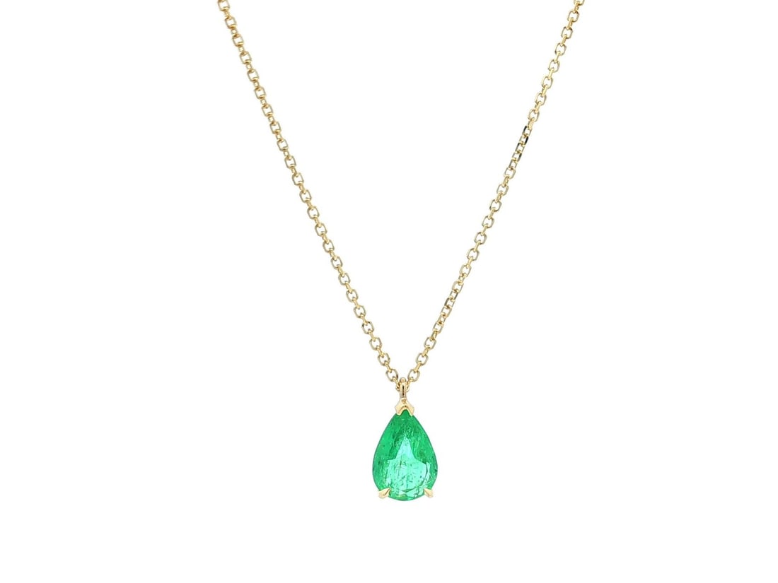 18k Yellow Gold Necklace with GIA 1.05ct Colombian Emerald Pendant: 18k Yellow Gold Necklace with GIA 1.05ct Colombian Emerald Pendant Women's slide pendant chain necklace featuring a natural Colombian emerald solitaire in solid 18k yellow gold. The pear-shaped emeral