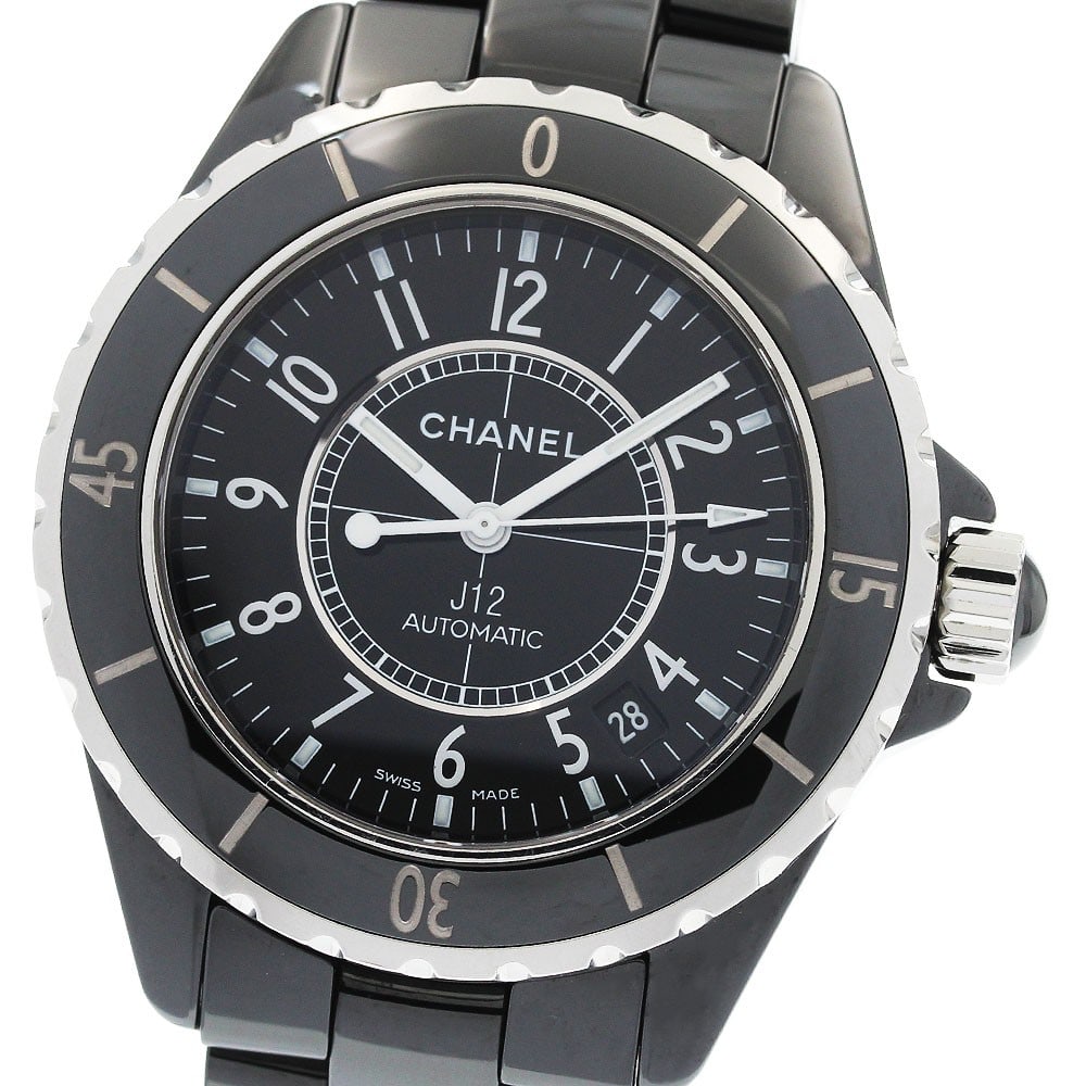 CHANEL J12 H0685 mens automatic date watch black ceramic 38mm: CHANEL J12 H0685 mens automatic date watch black ceramic 38mm Chanel J12 men's wristwatch with a black dial, automatic movement, and date display. This reference H0685 features a ceramic and stainless