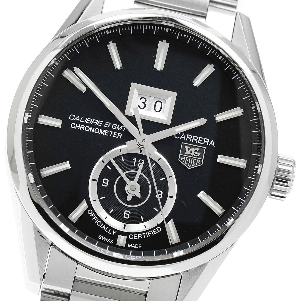 TAG Heuer Carrera Caliber 8 GMT Automatic Men's Watch WAR5010.BA0723: TAG Heuer Carrera Caliber 8 GMT Automatic Men's Watch WAR5010.BA0723 TAG Heuer Carrera Grand Date GMT Caliber 8 automatic wristwatch for men. This stainless steel watch features a black dial with date