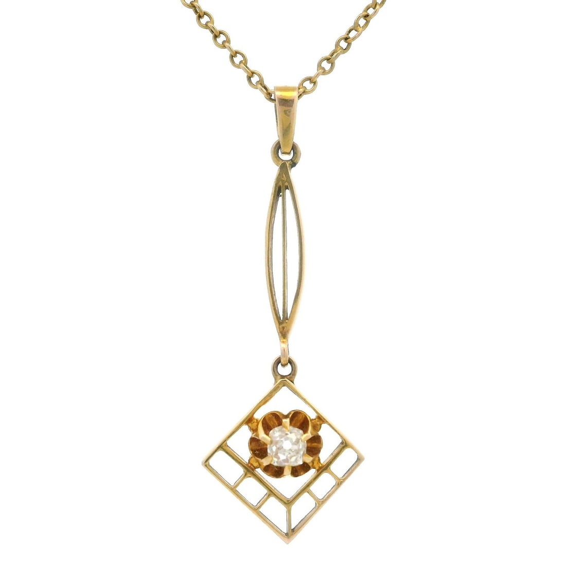 Art Nouveau Period Yellow Gold Lavalier Pendant Necklace With 0.15ct Diamond: Art Nouveau Period Yellow Gold Lavalier Pendant Necklace With 0.15ct Diamond This antique Art Nouveau lavalier pendant necklace features an openwork geometric design set with a single natural cushion 