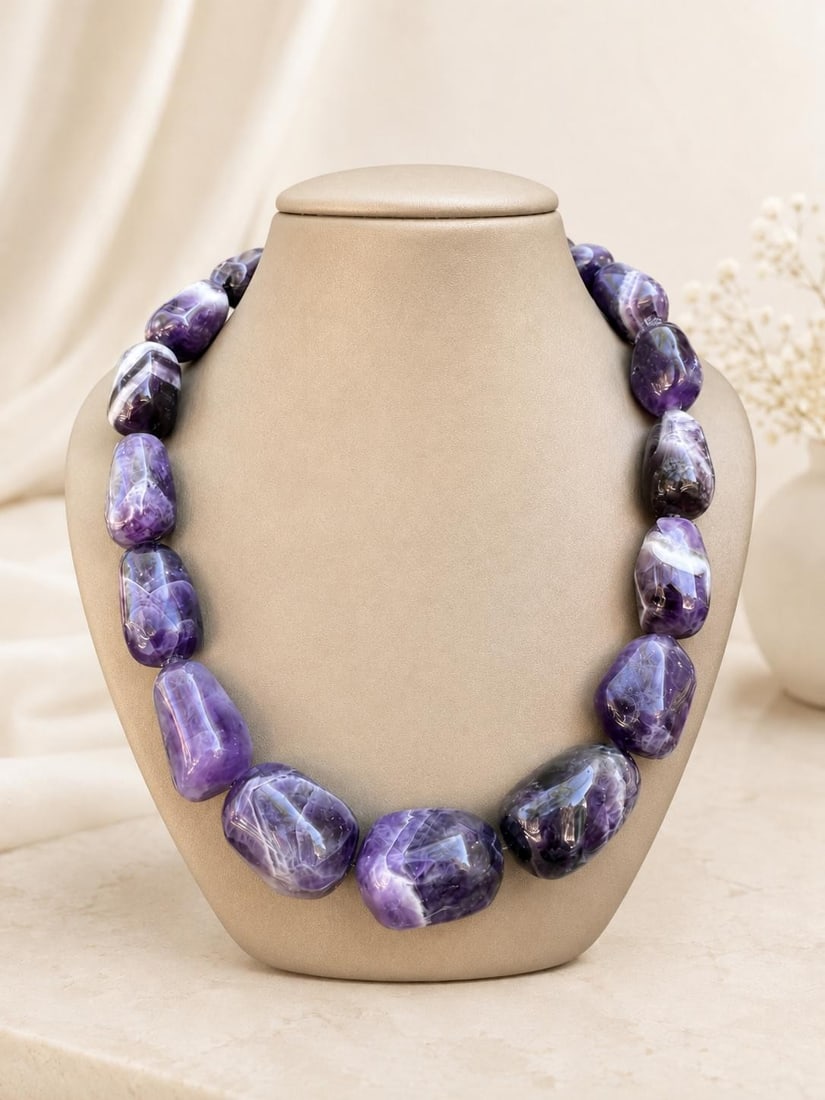 Natural Amethyst Bead Necklace 17 in Sterling Silver Hook Clasp: Natural Amethyst Bead Necklace 17 in Sterling Silver Hook Clasp Pre-owned beaded strand necklace featuring natural amethyst polished tumbled beads in varying deep to medium purple tones. The necklace 