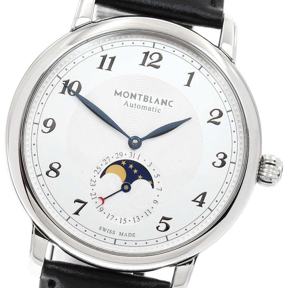 Montblanc Star Legacy 116508 mens automatic moonphase date watch: Montblanc Star Legacy 116508 mens automatic moonphase date watch Montblanc Star Legacy men's automatic wristwatch with moon phase and date display. This stainless steel watch features a silver dial an