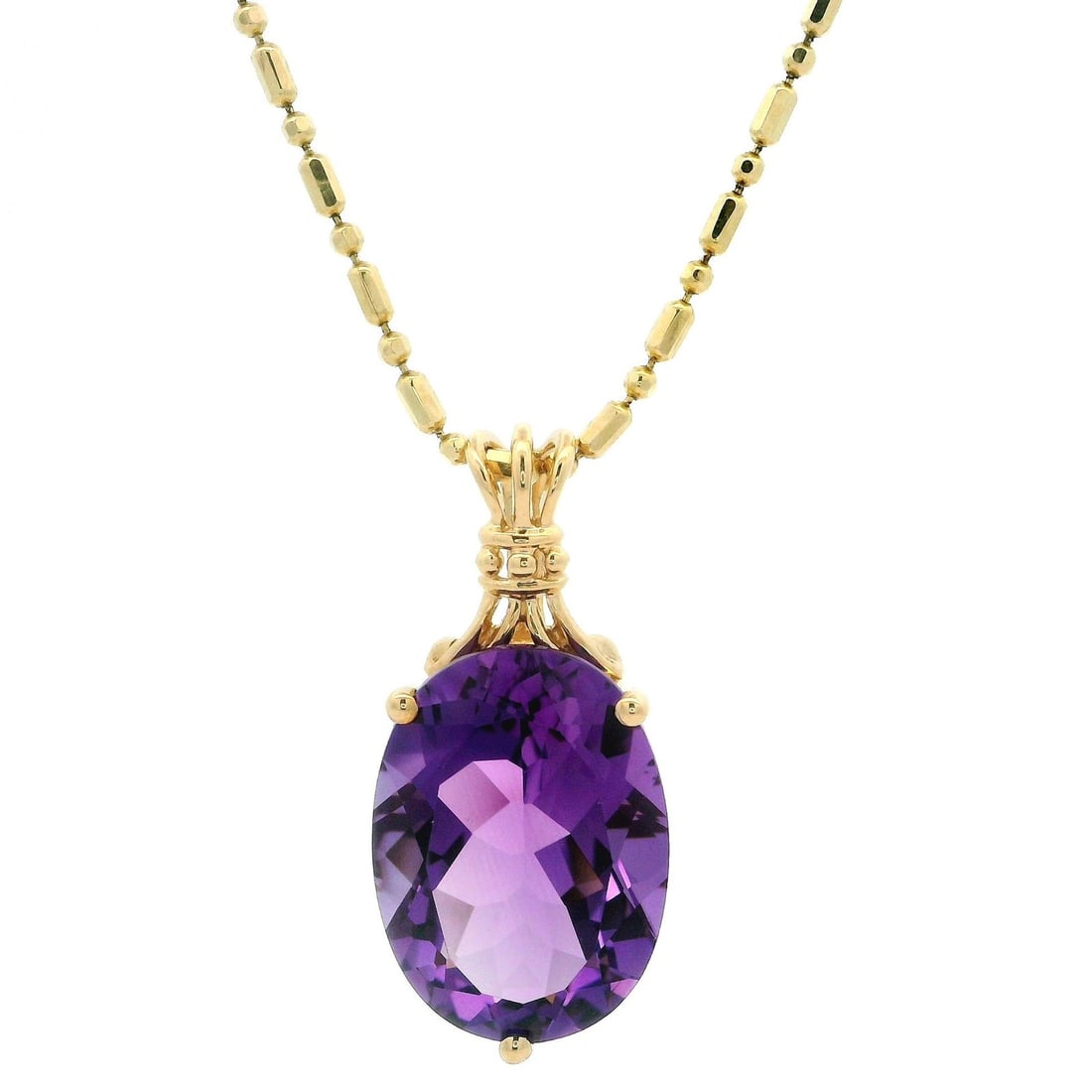 14k Yellow Gold Amethyst Pendant Necklace with Bead Link Chain: 14k Yellow Gold Amethyst Pendant Necklace with Bead Link Chain Elevate your jewelry collection with this stunning 14k Yellow Gold Oval Amethyst Solitaire Pendant, elegantly suspended from a 20-inch be