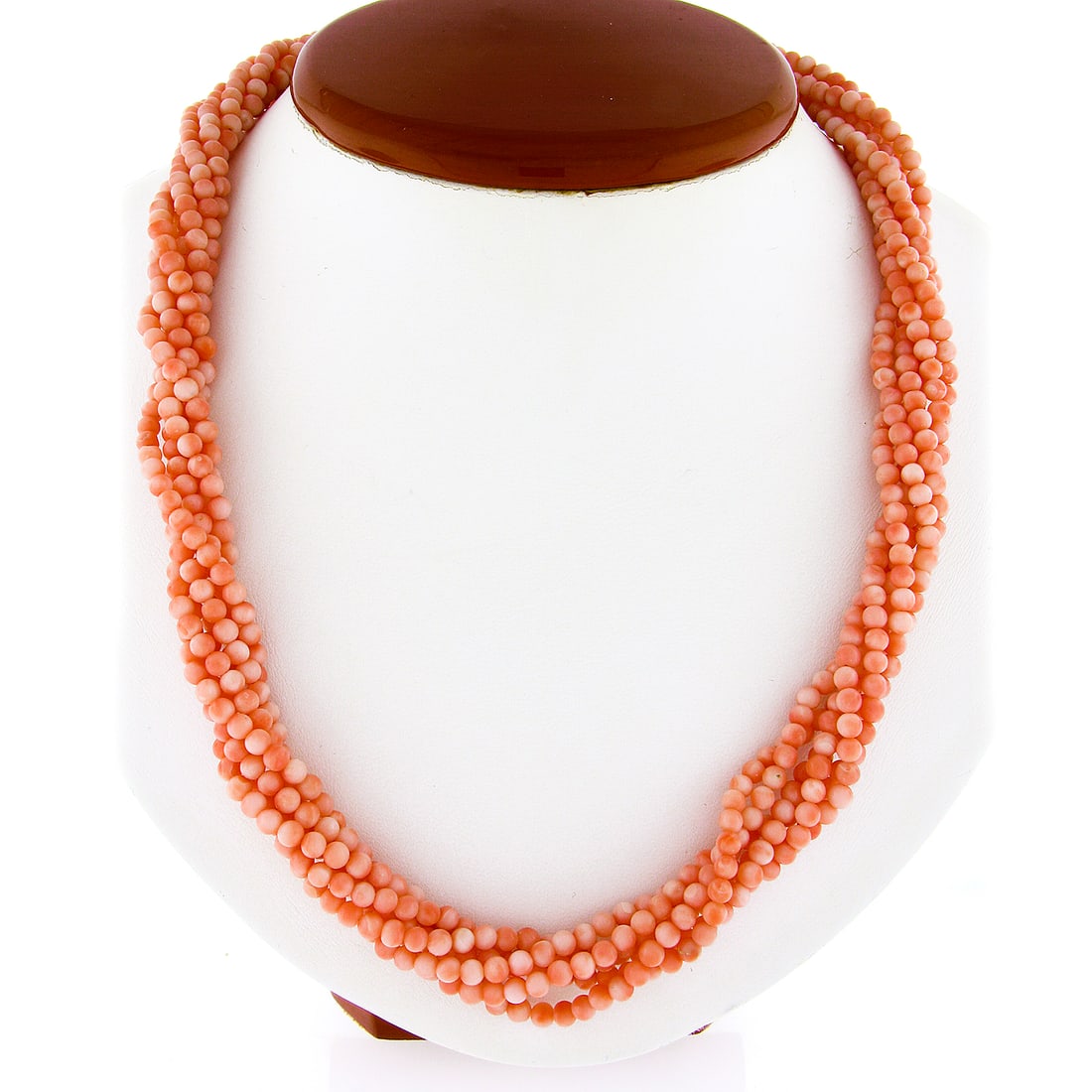 24 Inch Angel Skin Coral Torsade Necklace 6 Strand 14k Gold Flower Clasp: 24 Inch Angel Skin Coral Torsade Necklace 6 Strand 14k Gold Flower Clasp Vintage multi-strand torsade necklace featuring angel skin pink coral beads and a carved coral flower clasp in 14k yellow gold.