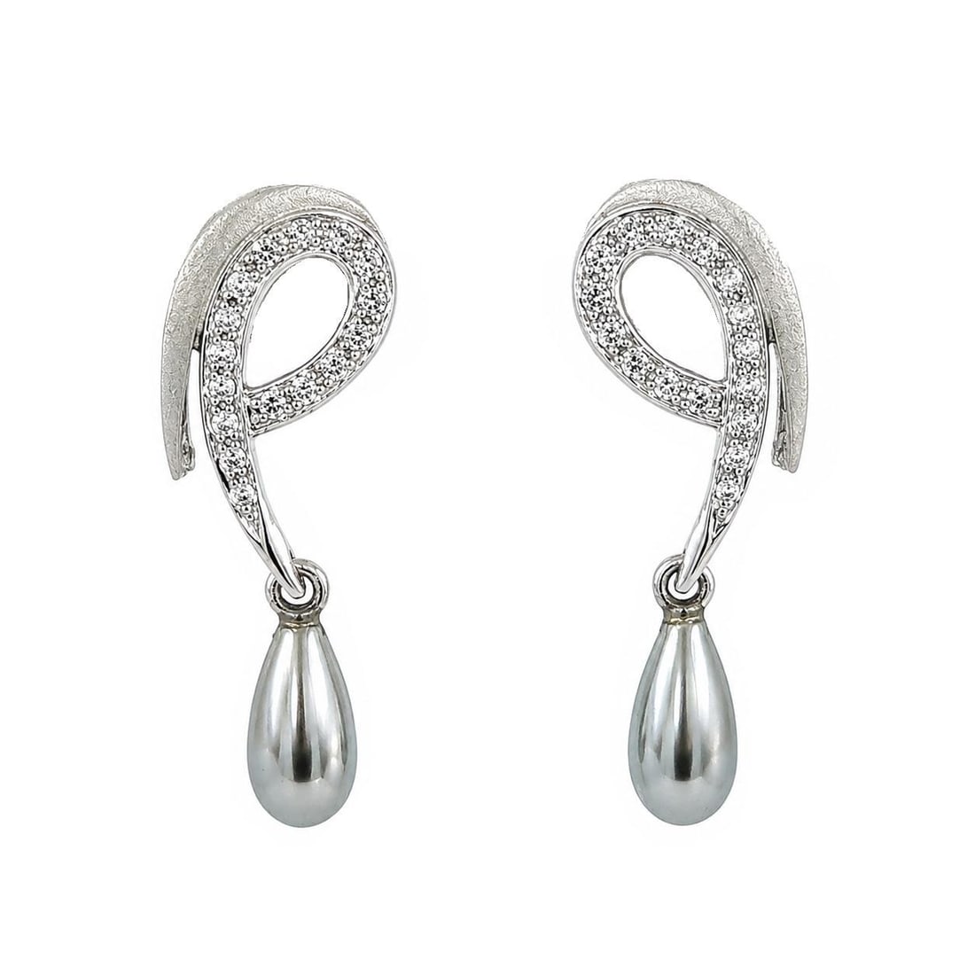 Gray Pearl Diamond Dangle Earrings in White Gold Screw Back: Gray Pearl Diamond Dangle Earrings in White Gold Screw Back Elegant dangle earrings featuring teardrop gray cultured pearls accented by natural diamonds in solid white gold. Designed with posts and sc