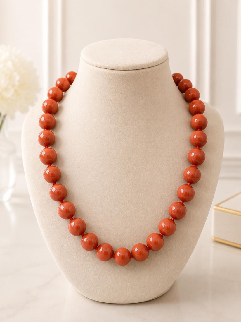 Red Jasper Bead Necklace 12mm Sterling Silver Clasp 18.5 in: Red Jasper Bead Necklace 12mm Sterling Silver Clasp 18.5 in Polished red jasper bead strand necklace featuring 33 natural genuine round beads in a deep red color. The beads are knotted and finished wi