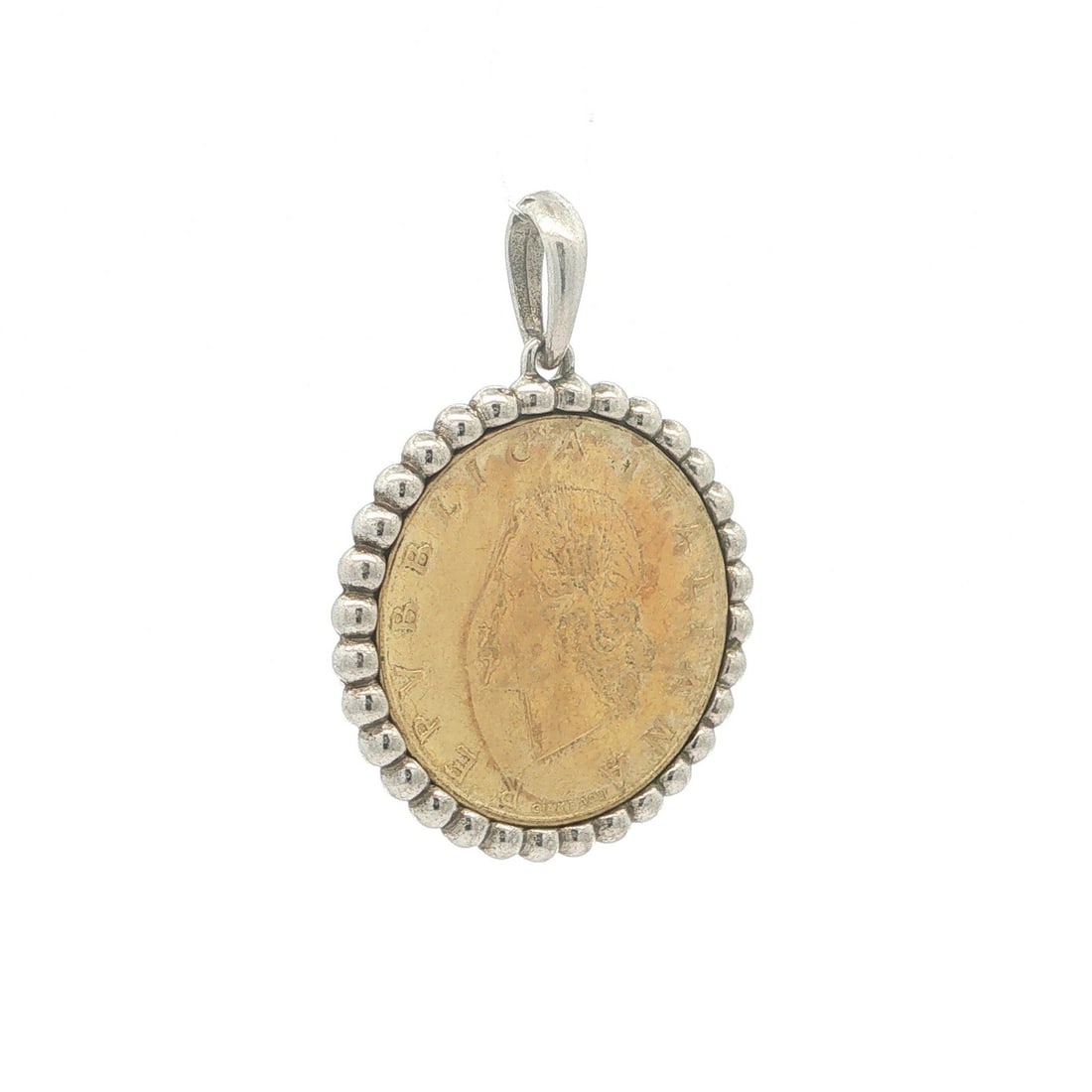 Sterling Silver Pendant Charm with 1971 Italy 20 Lire Coin: Sterling Silver Pendant Charm with 1971 Italy 20 Lire Coin Vintage pendant charm featuring an Italian 1971 20 Lire coin medallion set in a sterling silver bubble frame. This pre-owned piece has no sto