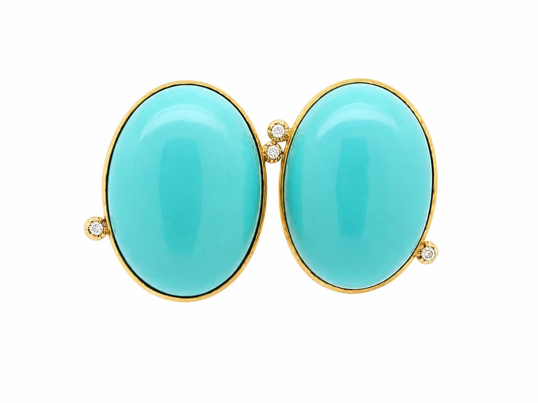 Faraone 18k Yellow Gold Turquoise Diamond Drop Earrings: Faraone 18k Yellow Gold Turquoise Diamond Drop Earrings Vintage Faraone earrings featuring natural turquoise cabochons accented by diamonds in solid 18k yellow gold. The oval button design has a flare