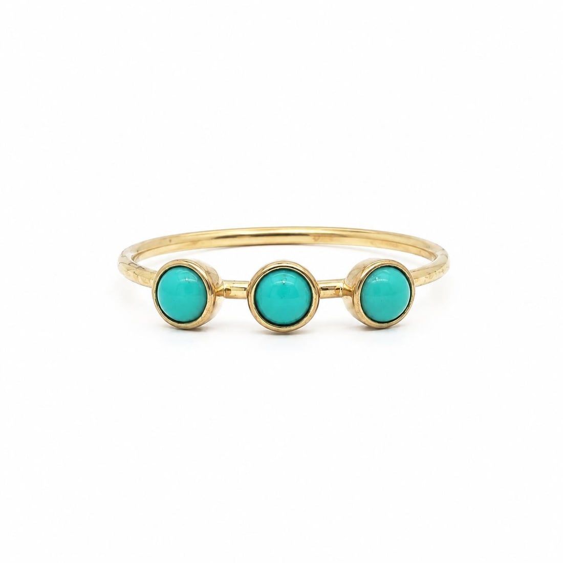 14k Yellow Gold Turquoise 3 Stone Bezel Ring Size 5.5: 14k Yellow Gold Turquoise 3 Stone Bezel Ring Size 5.5 Petite and dainty 3-stone band ring crafted in 14k yellow gold and set with three natural genuine turquoise cabochons in bezel settings. This wome