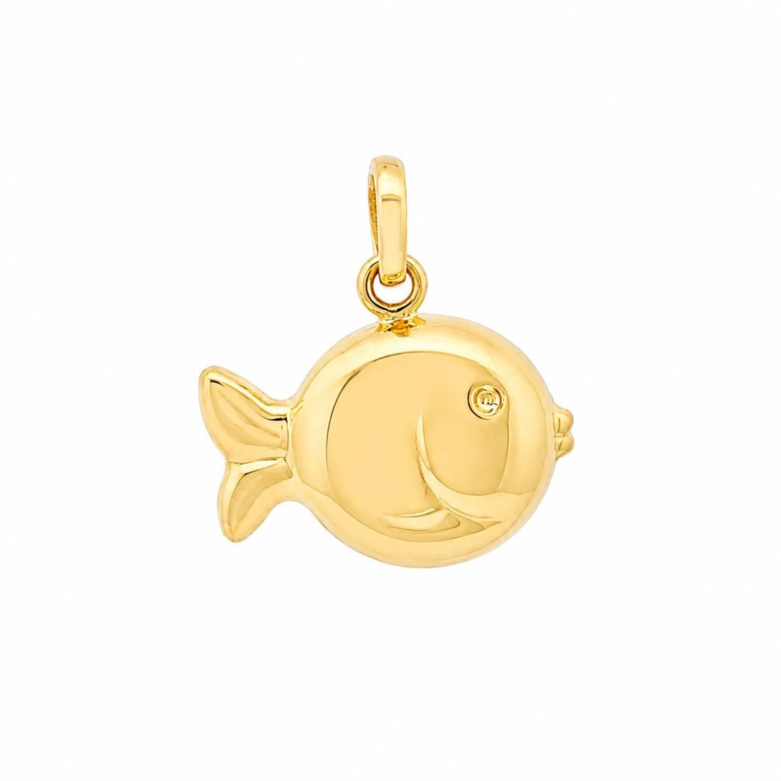 18k Yellow Gold Fish Charm Pendant Puffed Polished Vintage: 18k Yellow Gold Fish Charm Pendant Puffed Polished Vintage Vintage puffed fish charm pendant crafted in solid 18k yellow gold with a polished finish. This pre-owned piece has no stone and features an 