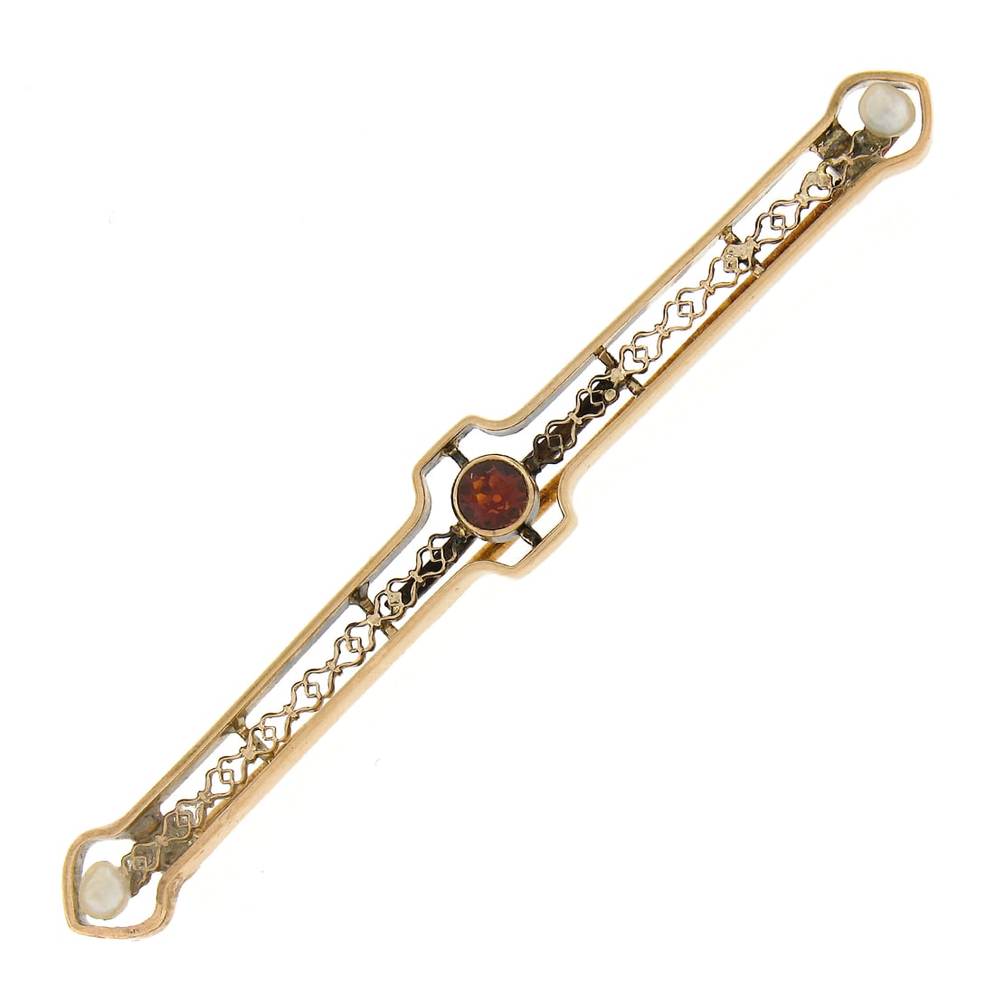 Antique Victorian 10k Gold Garnet Pearl Open Filigree Bar Brooch: Antique Victorian 10k Gold Garnet Pearl Open Filigree Bar Brooch This exquisite Antique Victorian brooch features a stunning design crafted from 10k solid yellow gold. It showcases a natural garnet in