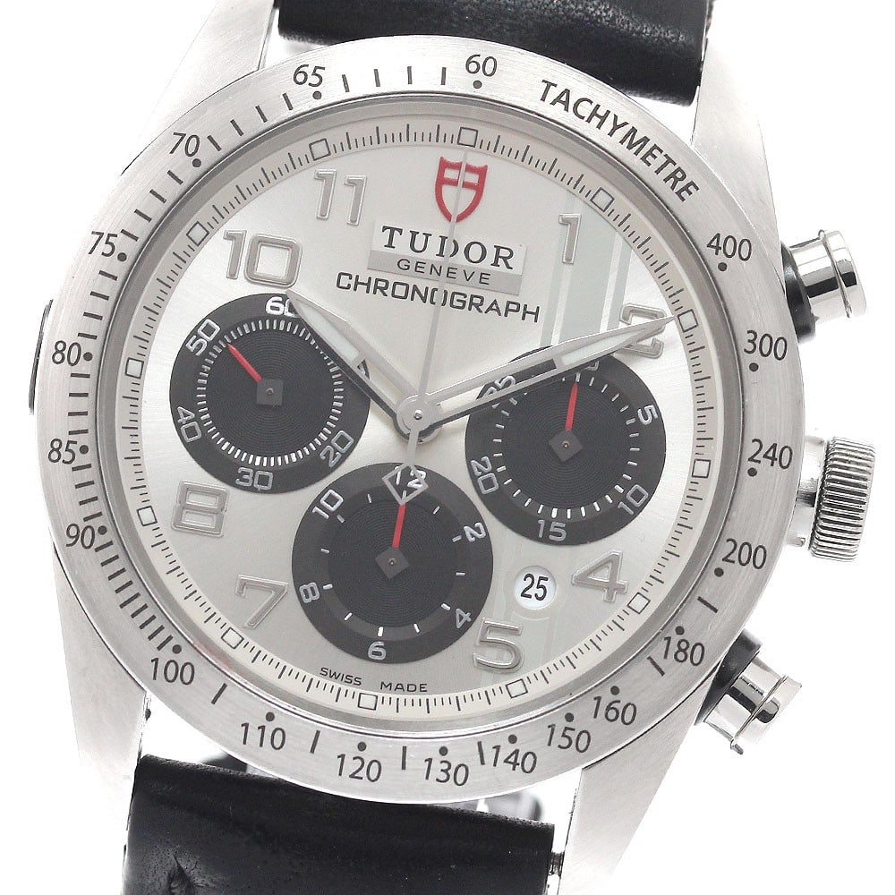 TUDOR Fast Rider 42000 automatic chronograph mens wristwatch: TUDOR Fast Rider 42000 automatic chronograph mens wristwatch TUDOR Fastrider Chronograph automatic men's wristwatch with a stainless steel case, silver and black dial, and leather aftermarket strap. T