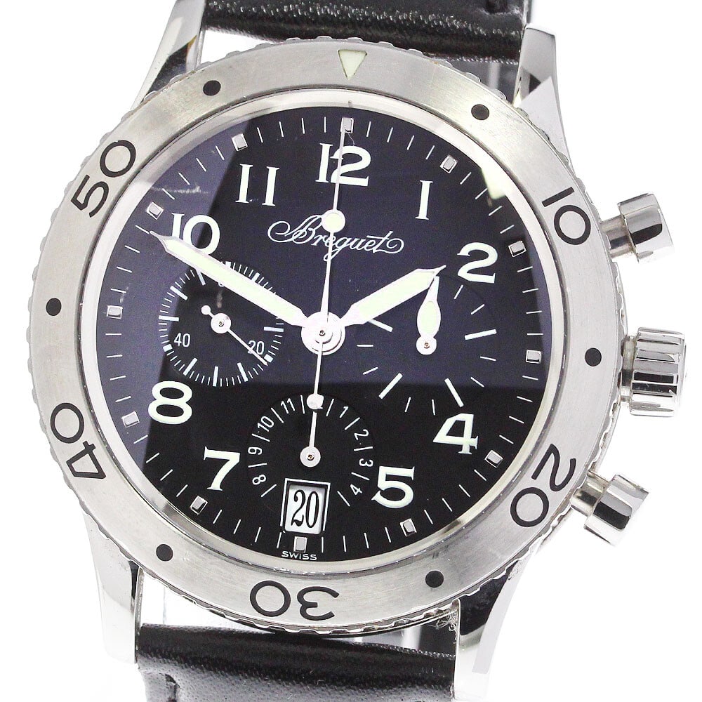 Breguet 3820ST Type XX mens watch black dial leather strap: Breguet 3820ST Type XX mens watch black dial leather strap This Breguet Type XX watch features a black dial and smooth bezel, complemented by a leather bracelet. The reference number is 3820ST, part o