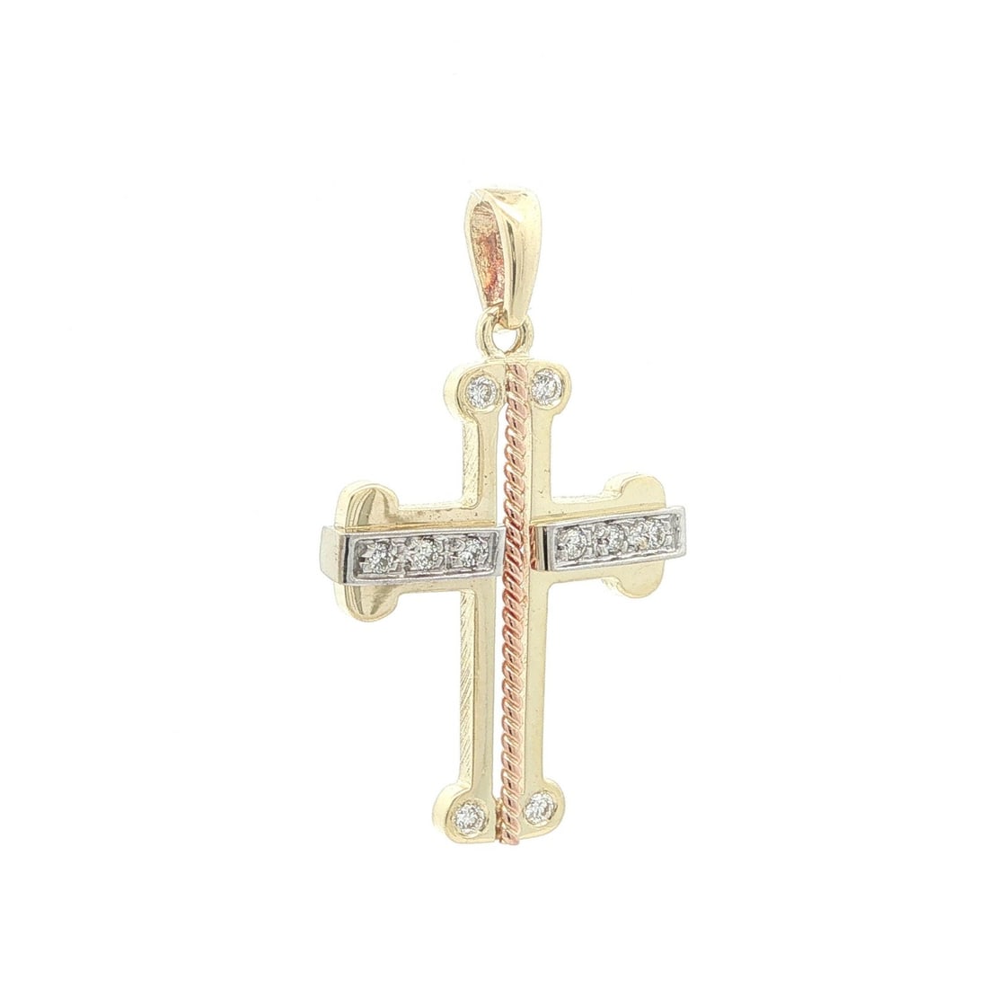 14k Tri Color Gold Cross Pendant with 0.20ctw Diamonds: 14k Tri Color Gold Cross Pendant with 0.20ctw Diamonds Unique openwork cross pendant crafted in solid 14k tri-color gold and set with natural brilliant-cut diamonds. The twisted wire design combines y