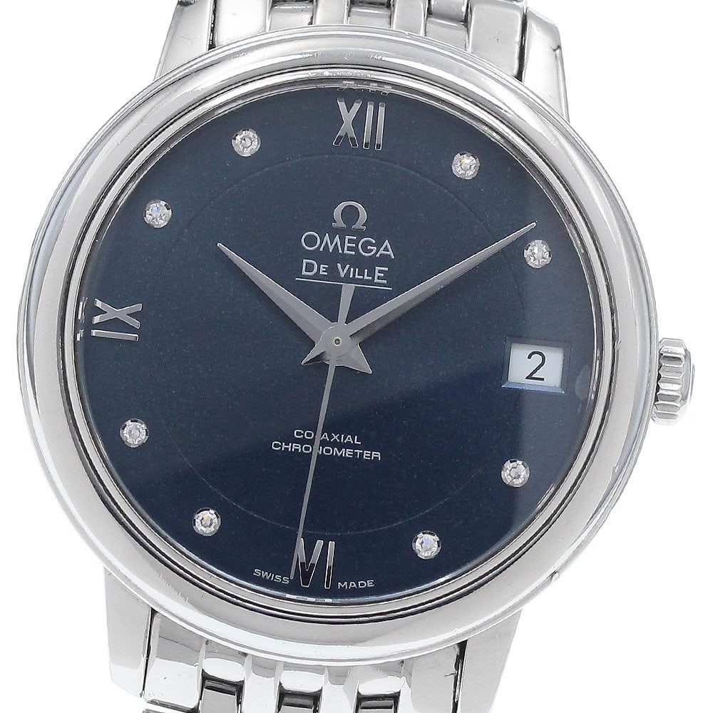 OMEGA De Ville Prestige 424.10.33.20.53.001 Womens Diamond Date Watch: OMEGA De Ville Prestige 424.10.33.20.53.001 Womens Diamond Date Watch Omega De Ville Prestige women's wristwatch with an automatic Co-Axial movement, navy dial, date display, and 8P diamond dial detai