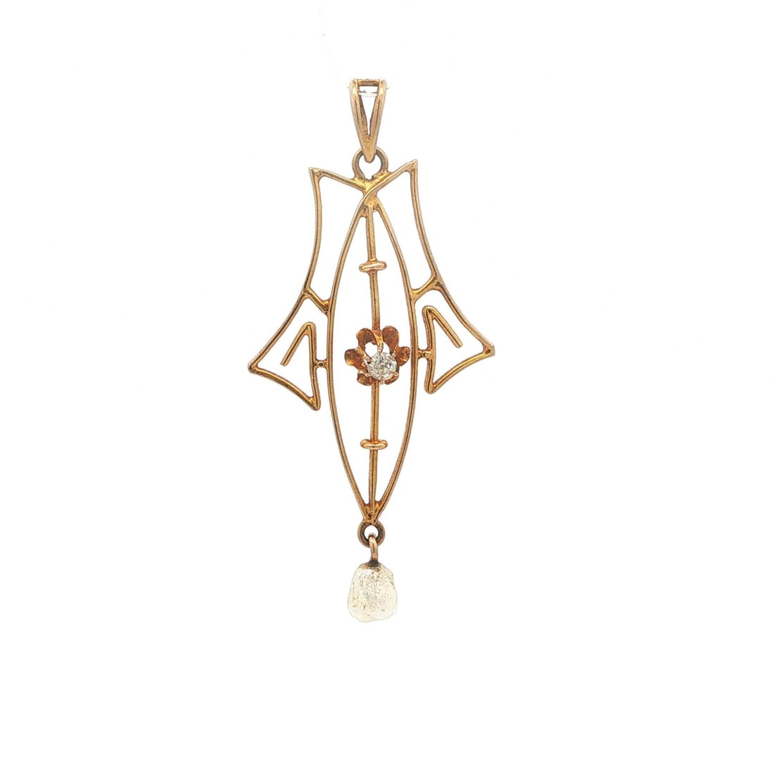10k Yellow Gold Lavalier Pendant with Diamond and Pearl: 10k Yellow Gold Lavalier Pendant with Diamond and Pearl Antique lavalier pendant crafted in solid 10k yellow gold with delicate filigree open-work detailing. This women's pendant features one natural 