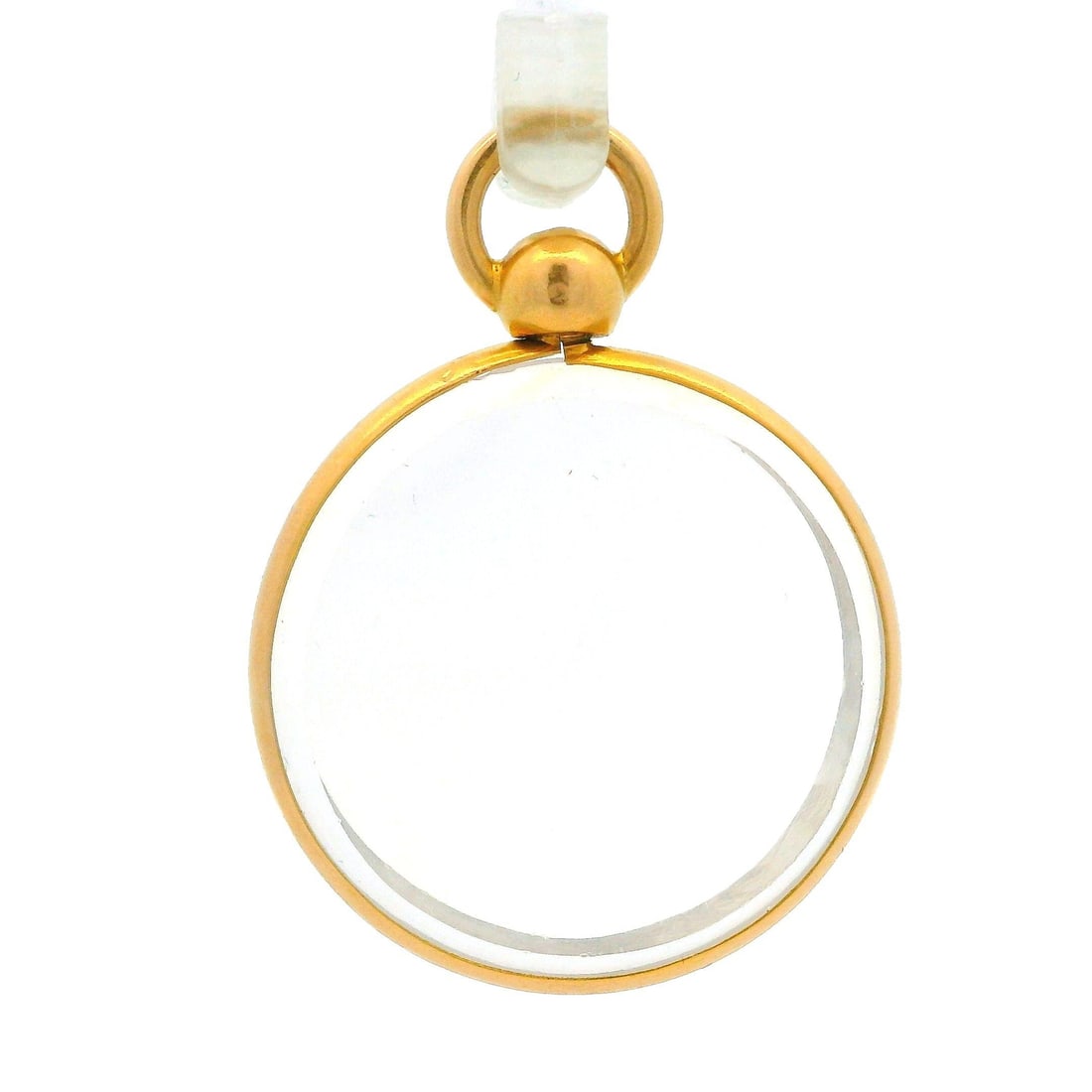 Antique 14k Yellow Gold Clear Glass Amulet Pendant with Removable Bail: Antique 14k Yellow Gold Clear Glass Amulet Pendant with Removable Bail This exquisite antique pendant features a clear glass circle amulet set in solid 14k yellow gold. The pendant includes a removabl