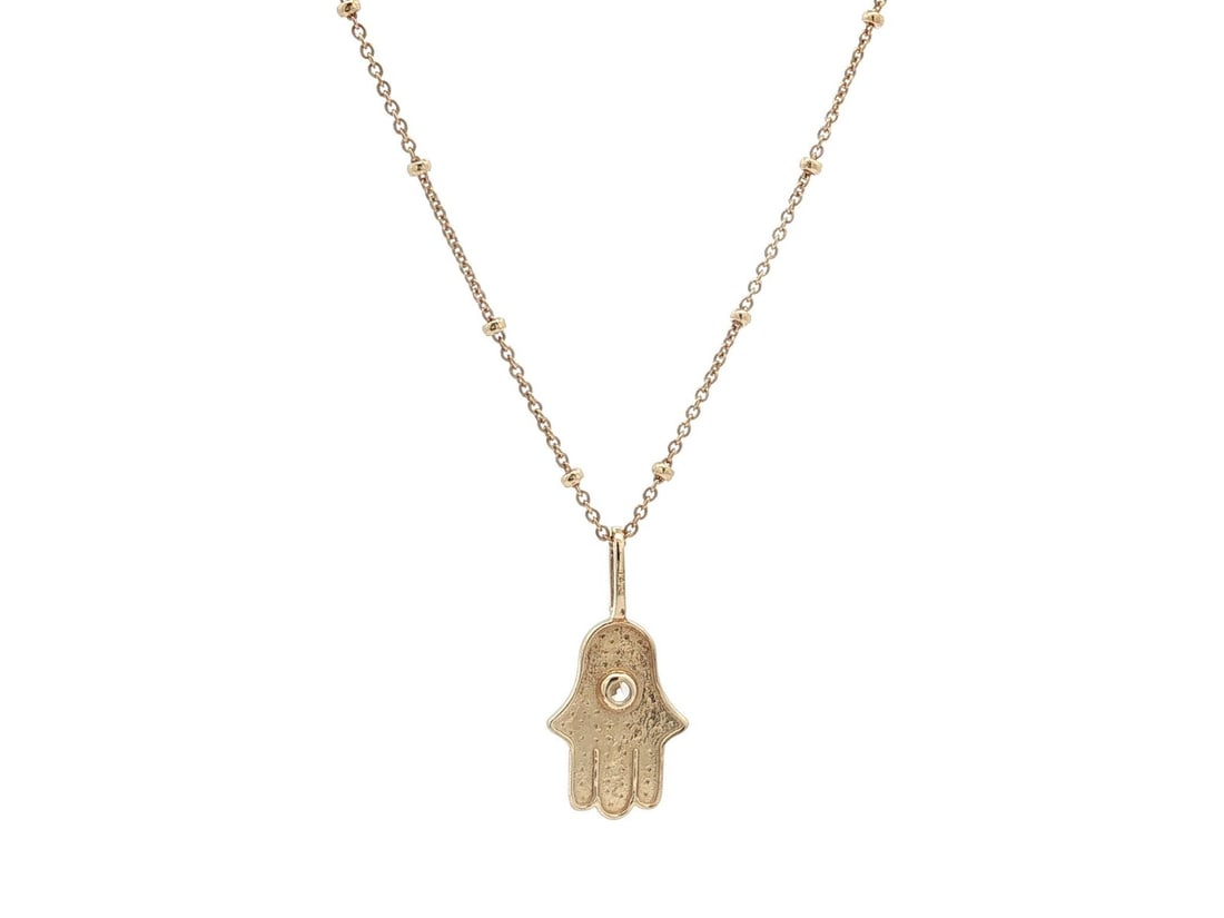 14k Yellow Gold Hamsa Pendant Necklace Adjustable Beaded Chain Mod & Jo: 14k Yellow Gold Hamsa Pendant Necklace Adjustable Beaded Chain Mod & Jo Pre-owned Hamsa Hand of God pendant necklace in solid 14k yellow gold, featuring an adjustable beaded chain and a round white st