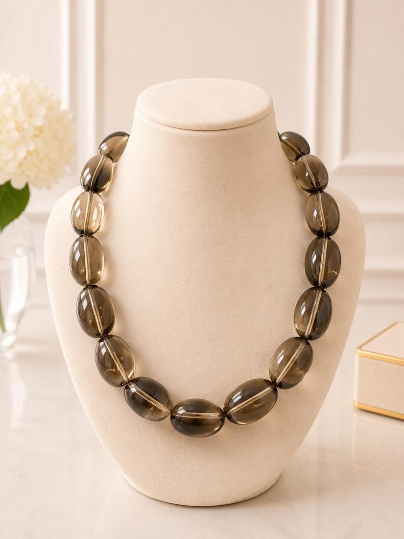 Smokey Quartz Bead Necklace Yellow Gold Filled Toggle Clasp: Smokey Quartz Bead Necklace Yellow Gold Filled Toggle Clasp Pre-owned beaded necklace featuring 18 natural genuine smokey quartz oblong beads in a translucent warm brown color. The strand is wire stru