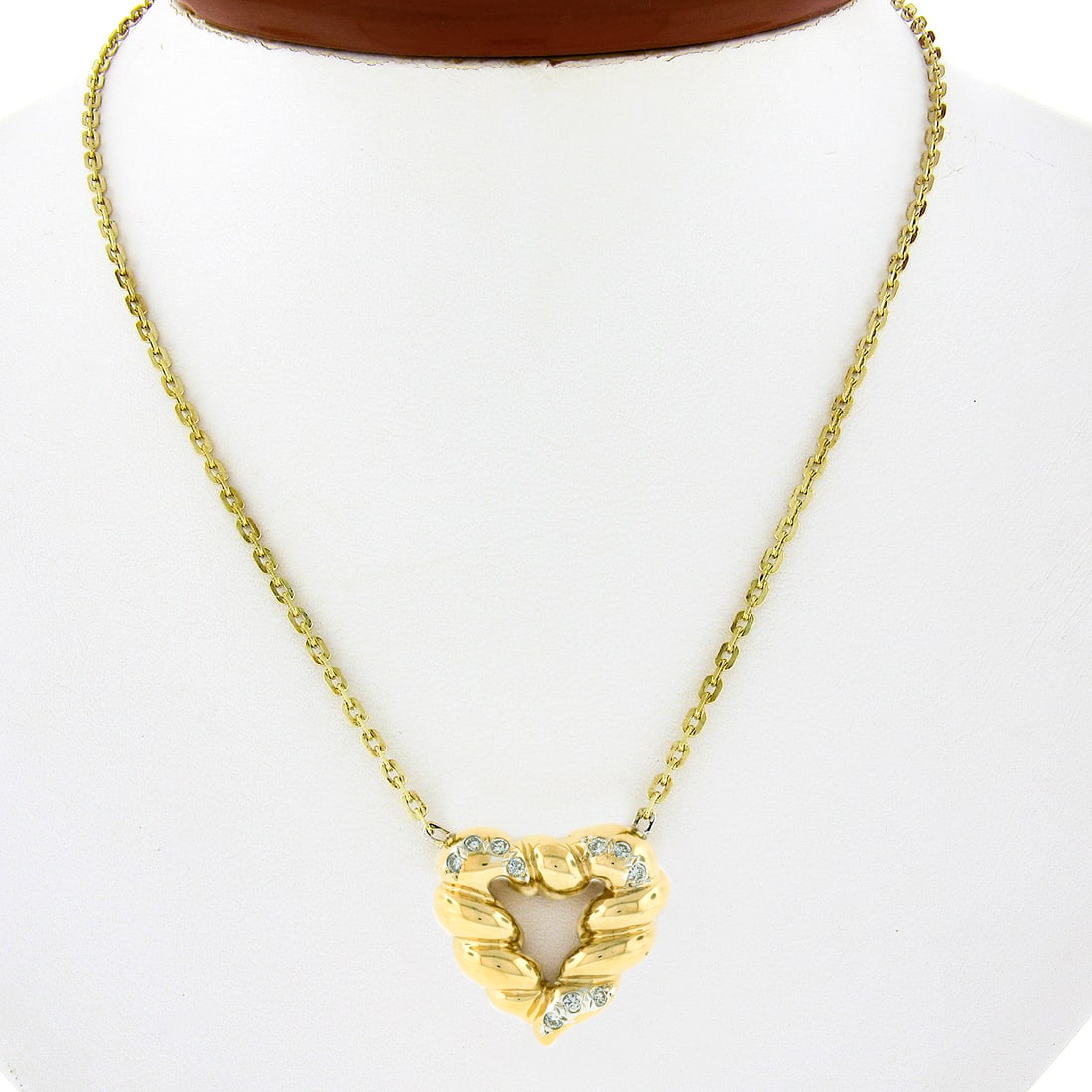 14K Yellow Gold 15 Inch Diamond Open Heart Pendant Necklace: 14K Yellow Gold 15 Inch Diamond Open Heart Pendant Necklace This exquisite pendant necklace features a stunning open heart design, crafted from solid 14K yellow gold. It showcases ten round brilliant 