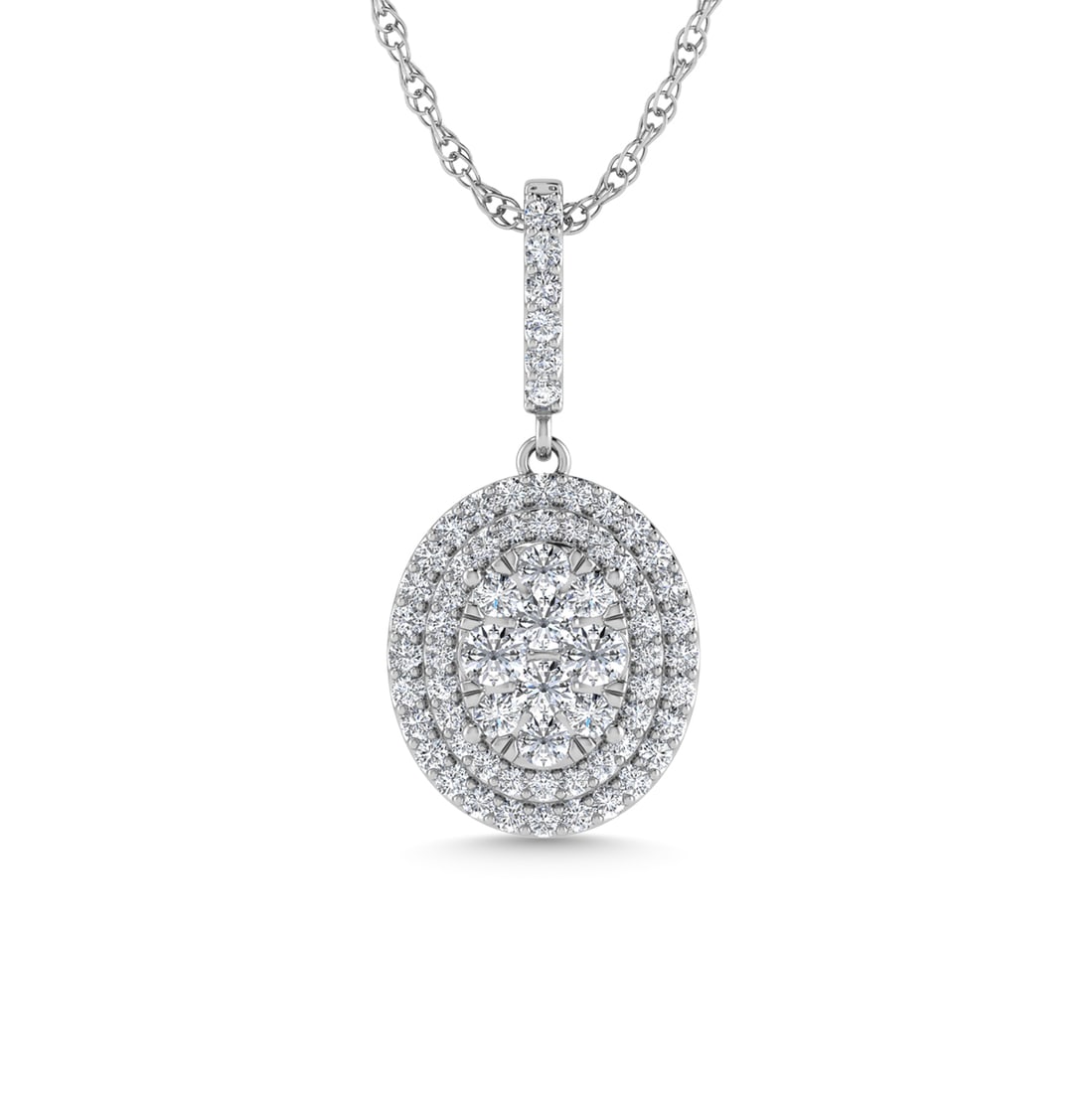 Diamond 3/4 Ct.Tw. Cluster Pendants in 14K White Gold: Diamond 3/4 Ct.Tw. Cluster Pendants in 14K White Gold 14k White Gold Stone Color: G-h Stone Clarity: I1 Unless otherwise specified, pendants that include a chain are paired with our standard 18-inch l