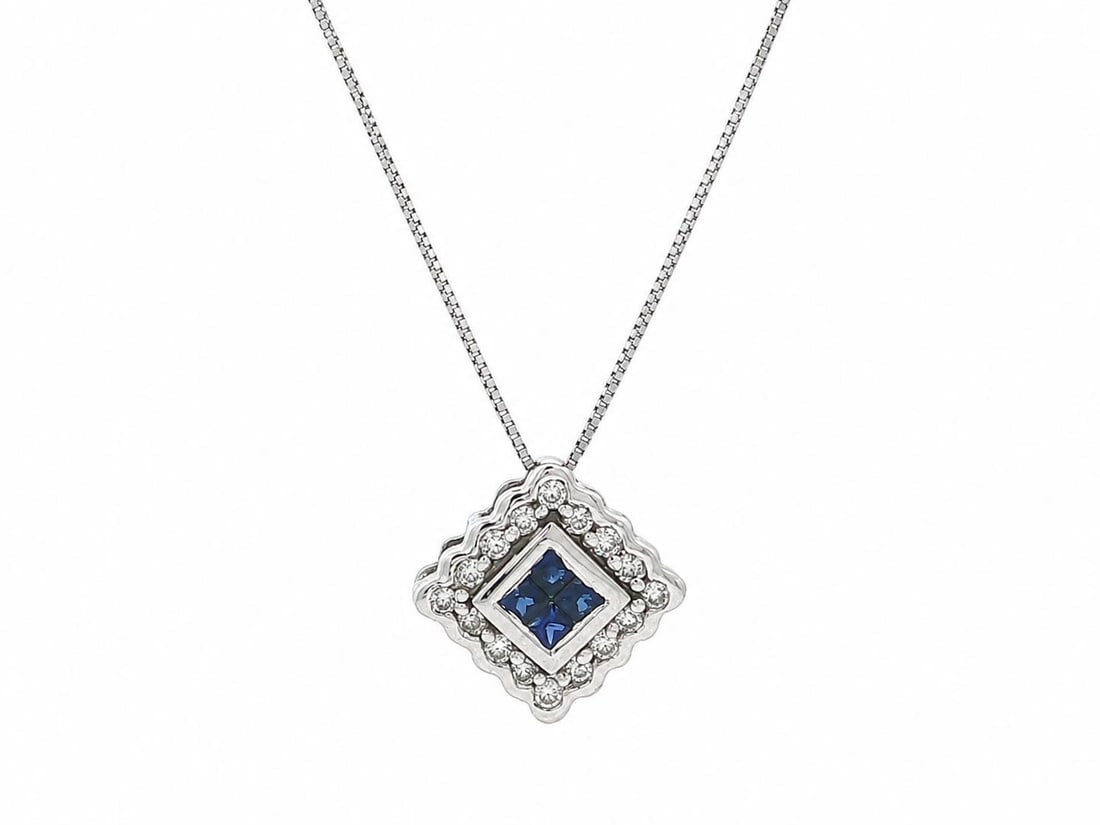 14k White Gold Necklace with Square Sapphire Diamond Halo Pendant: 14k White Gold Necklace with Square Sapphire Diamond Halo Pendant Pre-owned women's necklace featuring a scalloped square slide pendant in solid 14k white gold. The pendant is set with natural blue sa
