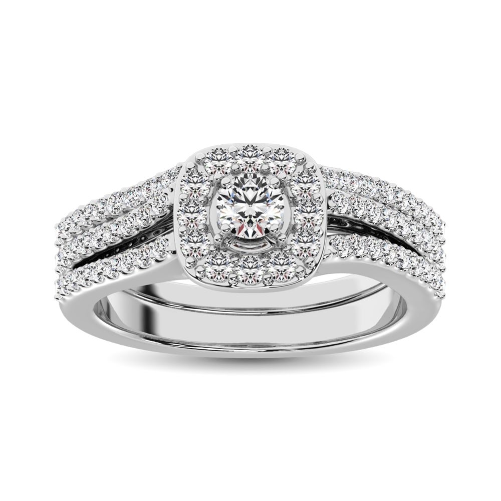 10K White Gold 3/4 Ct.tw Diamond Bridal Ring: 10K White Gold 3/4 Ct.tw Diamond Bridal Ring This glamorous Bridal Ring is available in 10K White Gold. There is 1 round diamond with a total carat weight of 3/4 Ct.Tw. set in a shared prong setting. 