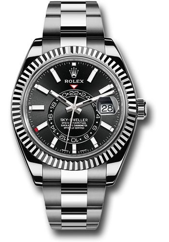 Rolex 326934 SkyDweller mens watch black index dial Oyster bracelet: Rolex 326934 SkyDweller mens watch black index dial Oyster bracelet Rolex SkyDweller wristwatch featuring a black index dial, fluted bezel, and Oyster steel bracelet. Includes card dated 2023. Specifi
