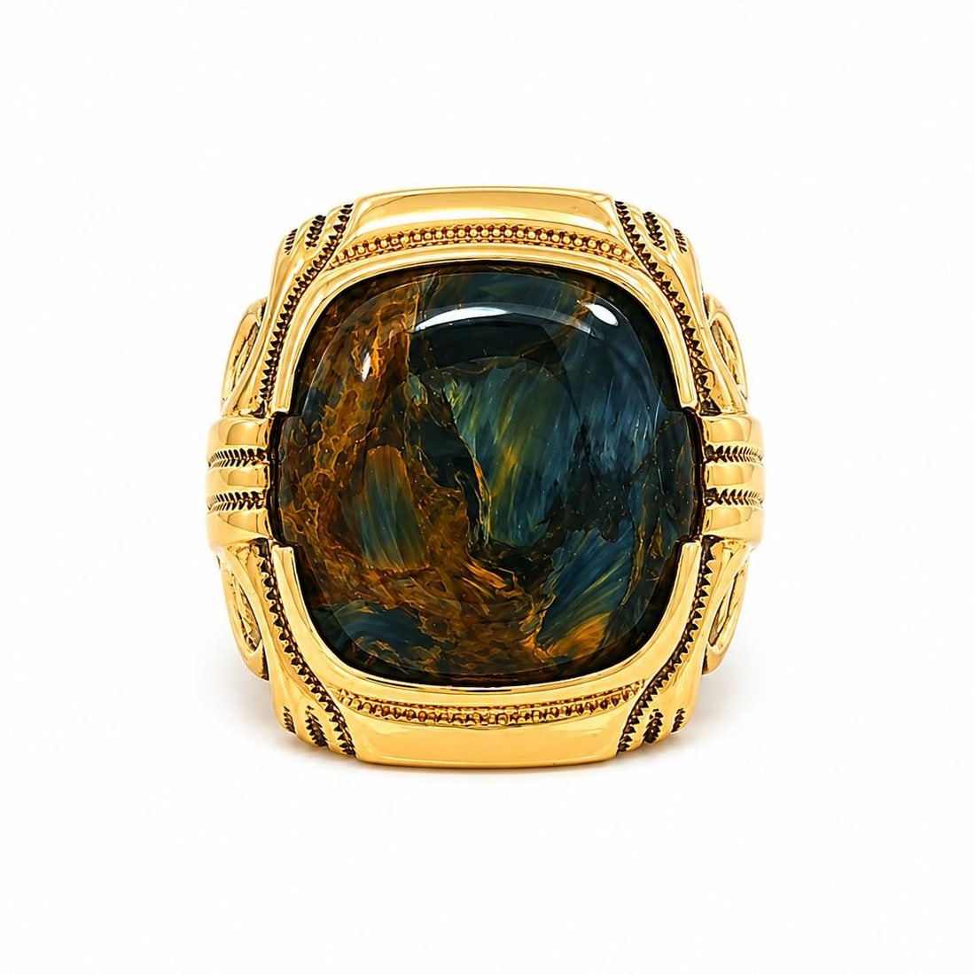 Antique 10k Yellow Gold Band Ring with Blue Green Pietersite Chalcedony (1 of 14)