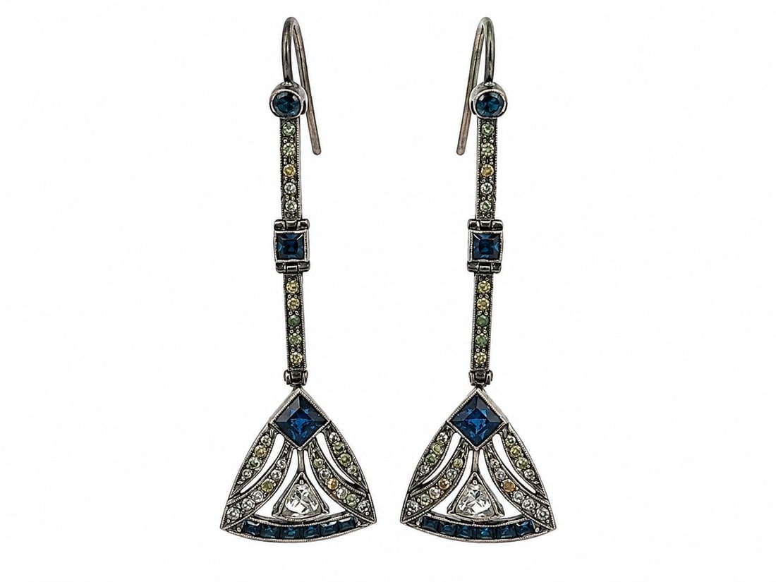 Sterling Silver Art Deco Dangle Earrings with Blue White Old Cut Gemstones (1 of 9)