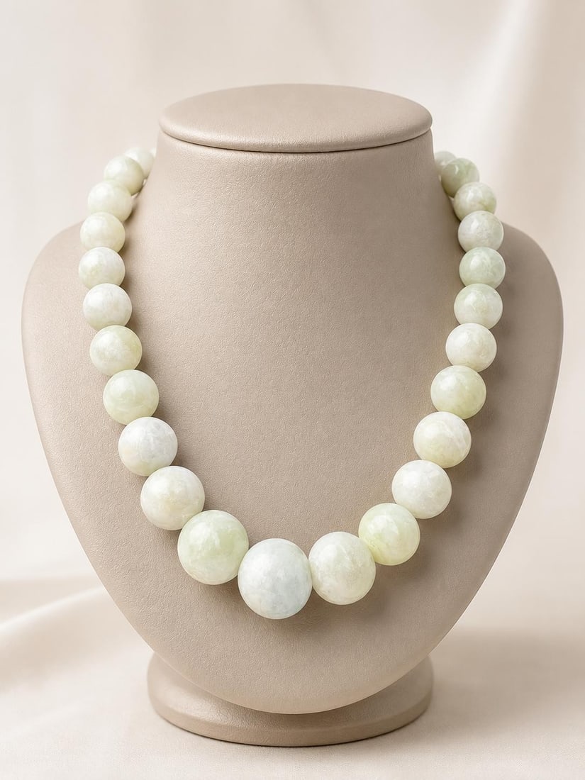 Natural Green Jade Graduated Bead Necklace Sterling Silver Hook Clasp: Natural Green Jade Graduated Bead Necklace Sterling Silver Hook Clasp Graduated natural jade bead necklace featuring polished round beads in a pastel green color. The necklace is strung with a solid s