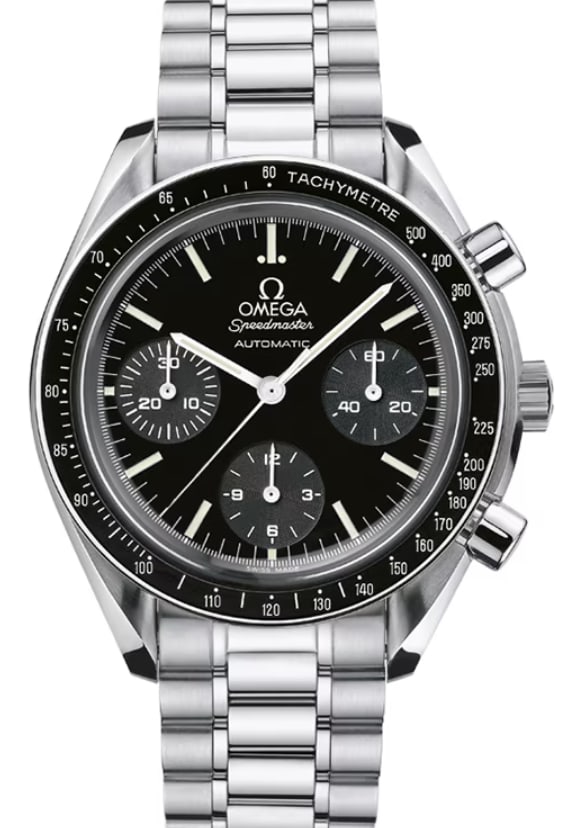 Omega 3539.50 Speedmaster mens watch black dial steel bracelet with card: Omega 3539.50 Speedmaster mens watch black dial steel bracelet with card Omega Speedmaster wristwatch featuring a black dial, a fixed tachymeter bezel, and a stainless steel bracelet. Includes card. S