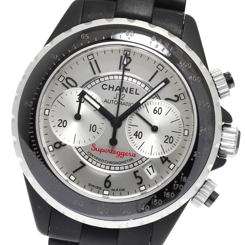 CHANEL J12 Superleggera H2039 mens automatic chronograph watch: CHANEL J12 Superleggera H2039 mens automatic chronograph watch CHANEL J12 Superleggera automatic men's wristwatch featuring a chronograph, date display, and small seconds. This Swiss-made watch has a 