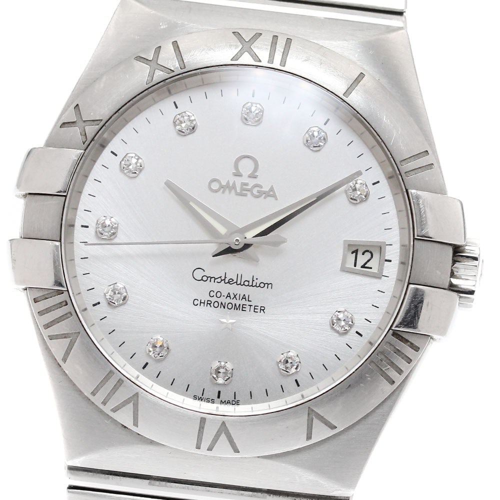 Omega Constellation Date Automatic Mens Watch Ref 123.10.35.20.52.001: Omega Constellation Date Automatic Mens Watch Ref 123.10.35.20.52.001 OMEGA Constellation Date men's wristwatch with an automatic movement and a silver dial featuring 11P diamond accents. This watch-o