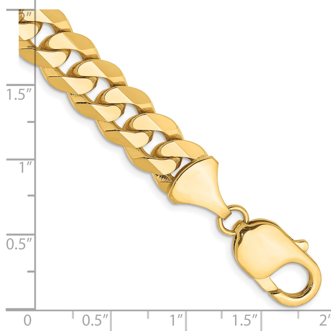 14k 9.5mm Flat Beveled Curb Chain: 14k 9.5mm Flat Beveled Curb Chain 14K 9 inch 9.5mm Flat Beveled Curb with Lobster Clasp Chain Metal: 14k Yellow Gold Weight: 36.44 grams Length: 9" Width: 9.5" This item may take 2-5 weeks for shippin
