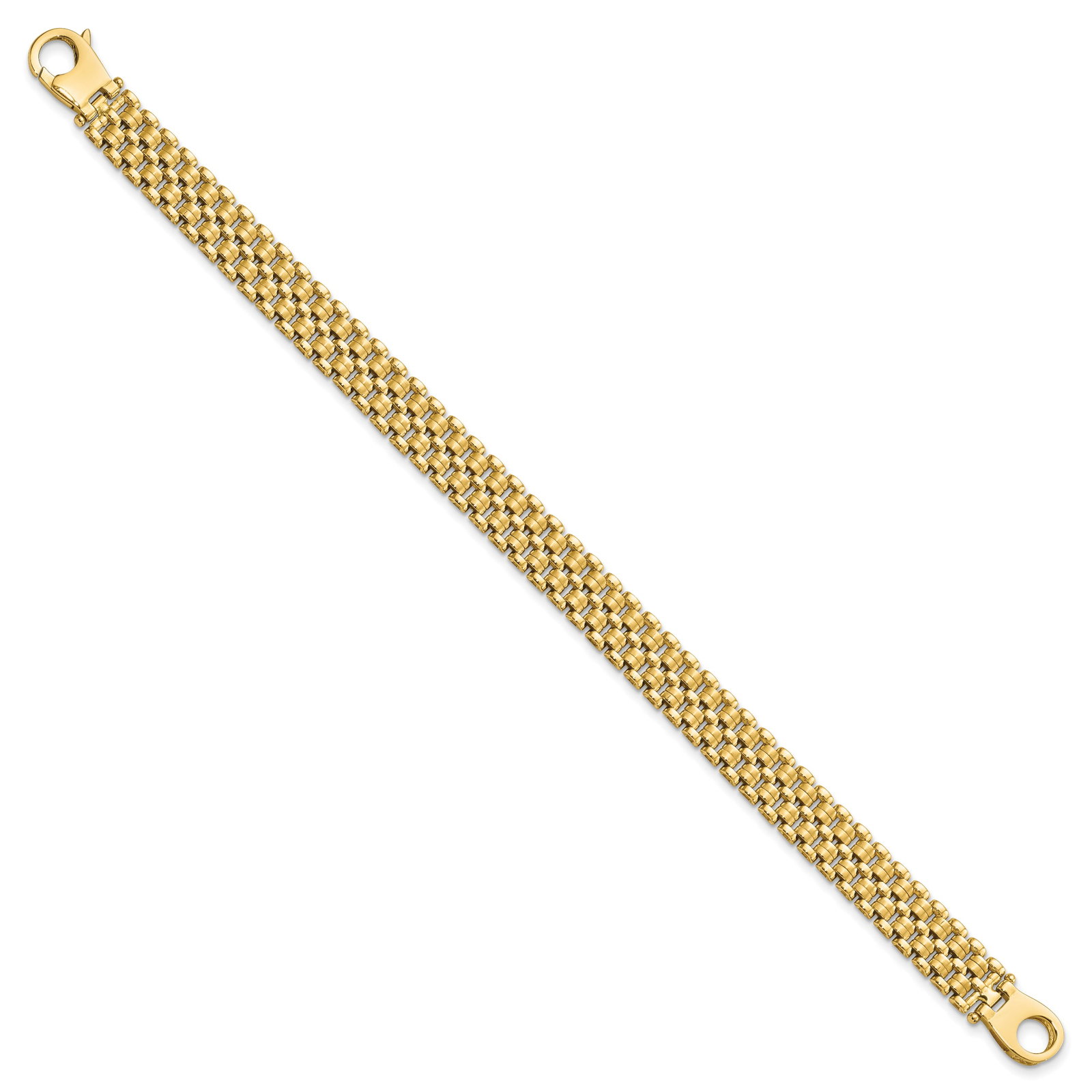 14K Brushed and Polished Basket Weave Pattern 7.5in Bracelet: 14K Brushed and Polished Basket Weave Pattern 7.5in Bracelet 14K Brushed and Polished 8.5mm Basket Weave Pattern 7.5 inch Bracelet Metal: 14k Yellow Gold Weight: 12.49 grams Length: 7.5" Width: 8.4" T