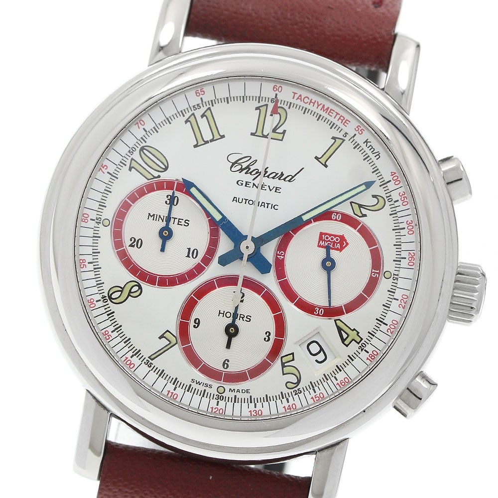 Chopard Mille Miglia 1997 Automatic Chronograph Watch Ref 8316: Chopard Mille Miglia 1997 Automatic Chronograph Watch Ref 8316 Pre-owned Chopard Mille Miglia 1997 chronograph automatic men's wristwatch with a stainless steel case, white dial, and leather aftermark